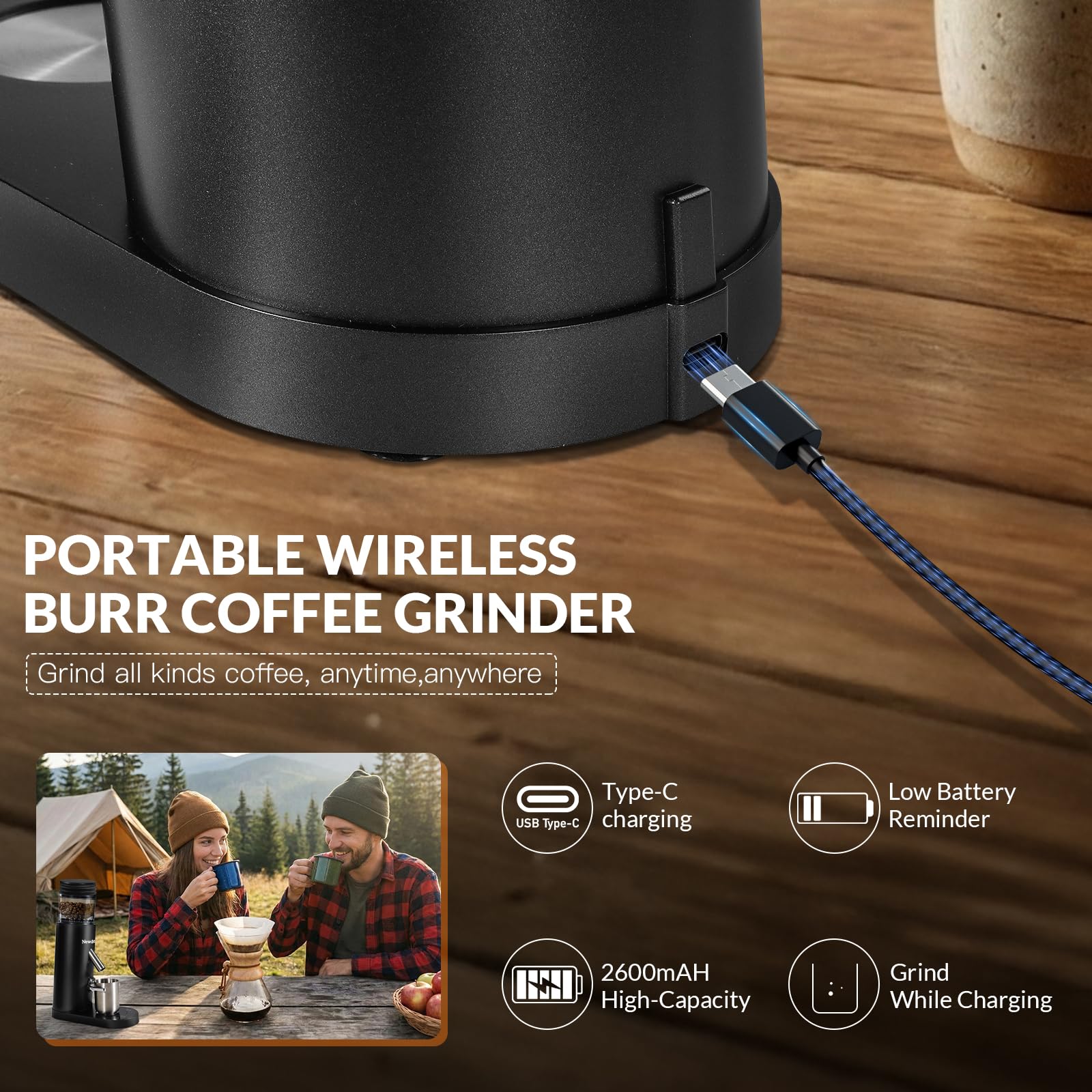 Molinillo de café eléctrico, recargable, inalámbrico, de acero inoxidable, cónico, con soplador de aire, 60 ajustes de molienda, antiestático, compacto y silencioso para el hogar, oficina, camping