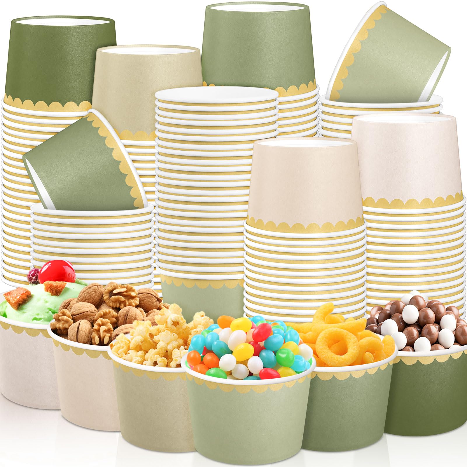 Zopeal 96 Pcs Sage Green Disposable Ice Cream Bowls with Gold Scalloped Rim