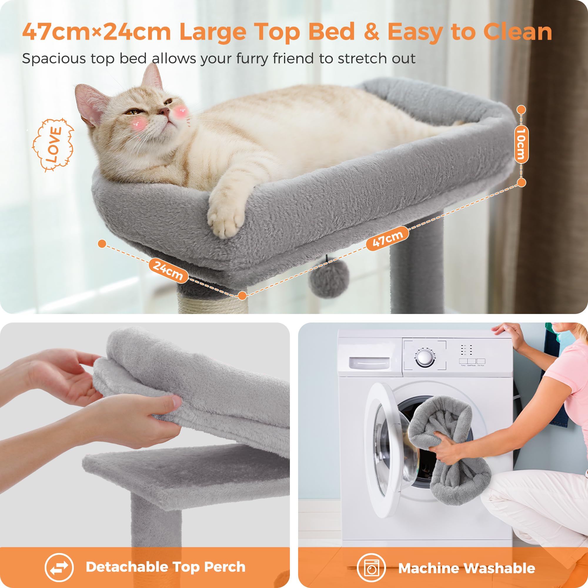 PETEPELA Tiragraffi da 143 cm, con cuscino rimovibile, palo per tiragraffi, cuccia doppia, extra grande per gatti pesanti, grigio