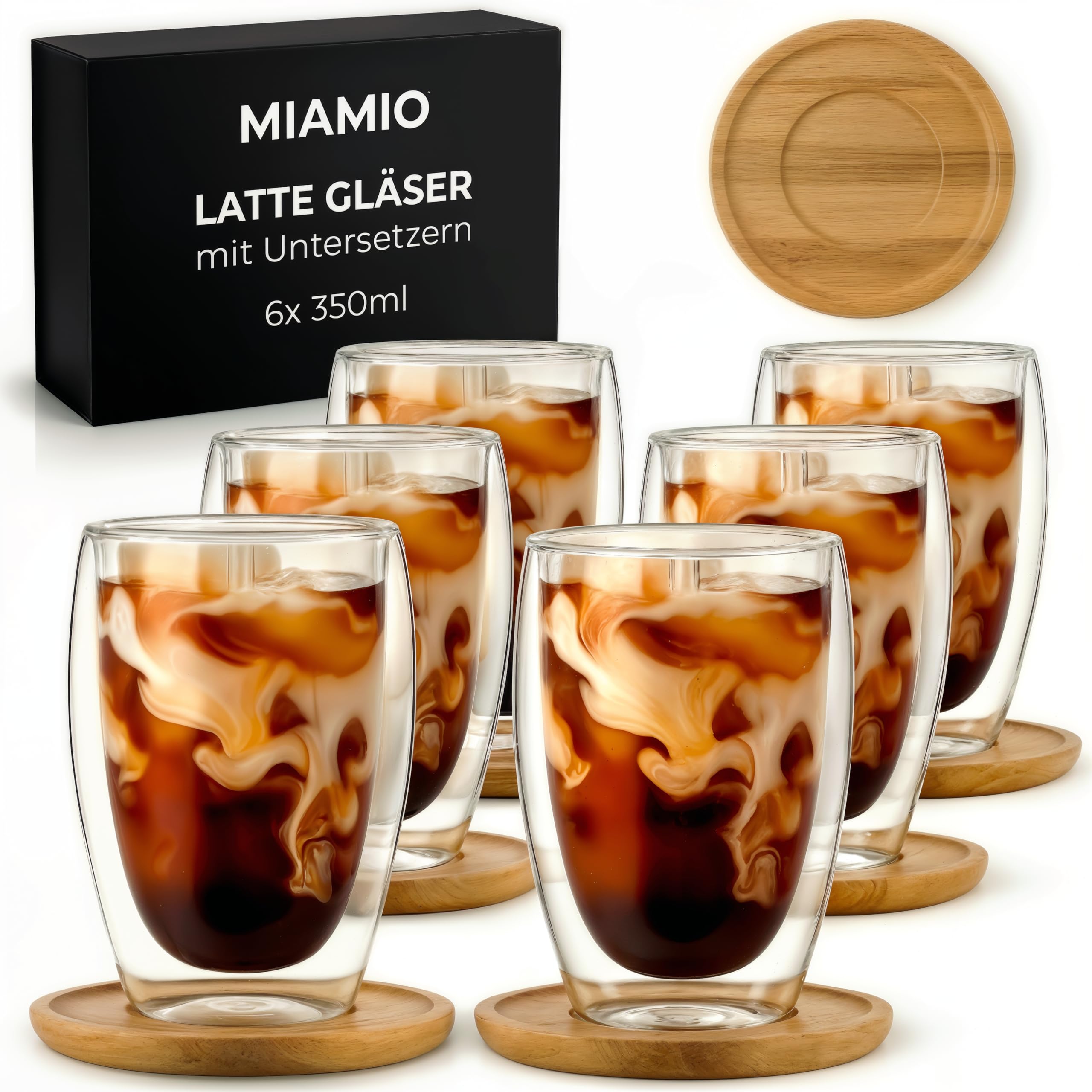 MIAMIO - Latte Macchiato Tassen/Doppelwandige Gläser Set 6er (350 ml) | Kaffeetassen ohne Henkel aus Glas, Thermogläser für Latte Macchiato, Tassen Set mit Untersetzern - spülmaschinenfest