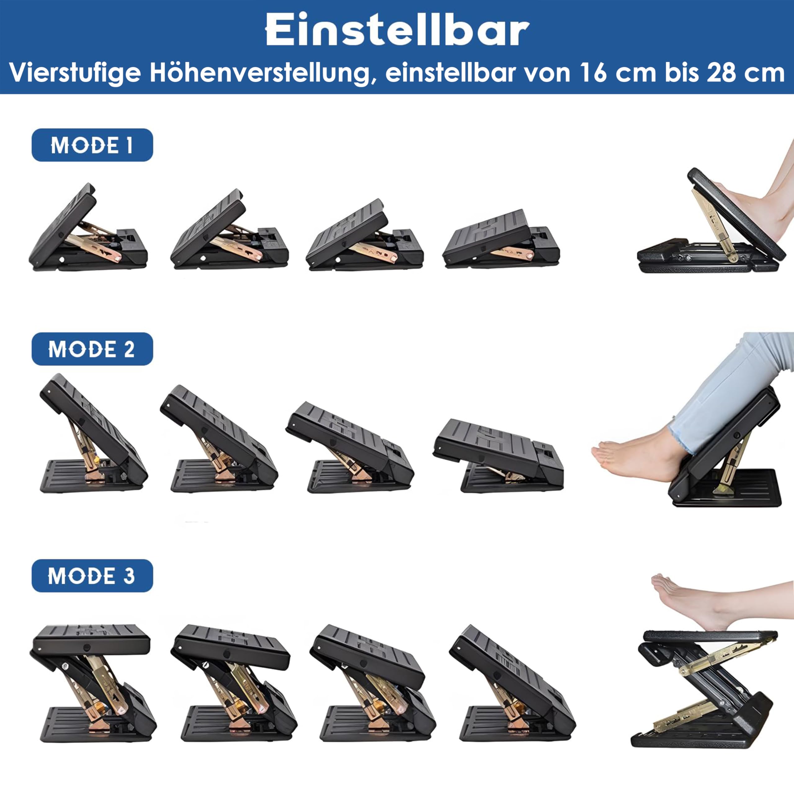 MYOYAY Fußstütze Schreibtisch, Einstellbar Fußhocker 4 Höhenverstellbar mit Massage und Weichem, Ergonomischer Rutschfest Fußstützen für Büro Auto Zuhause Reise