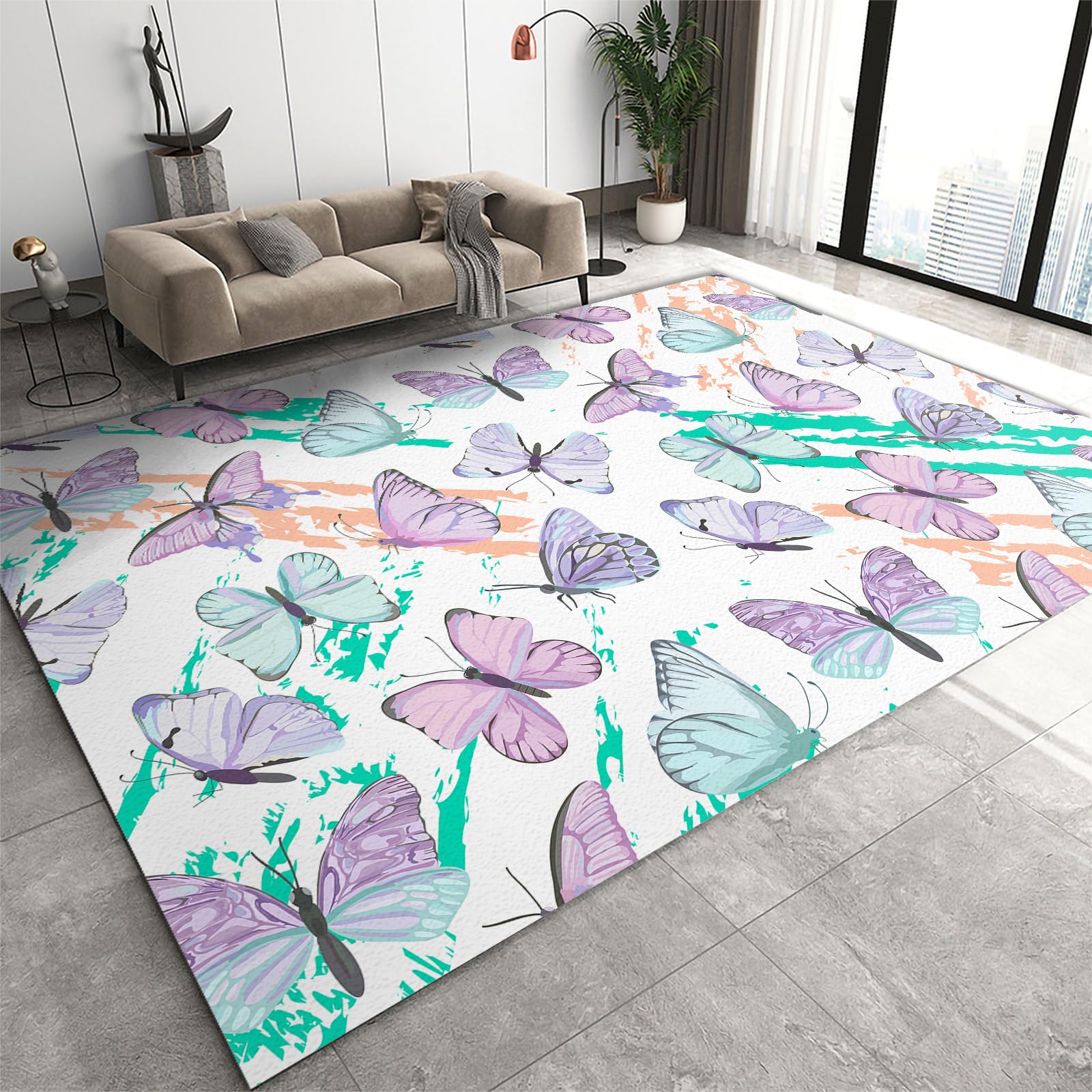 FIEMAR Area Rug 180x270cm Abstract Large Living Room Rugs, Butterfly Print Home Office House Decor, Boho Throw Bedroom Pet Friendly Washable Non Slip Low Pile Easy Care for Home Office High-Traffic