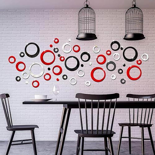 Miniatura 7 de Outus 72 calcomanías de pared para decoración de espejo circular acrílico, extraíble, rojo y negro, puntos redondos a granel, calcomanías rojas para