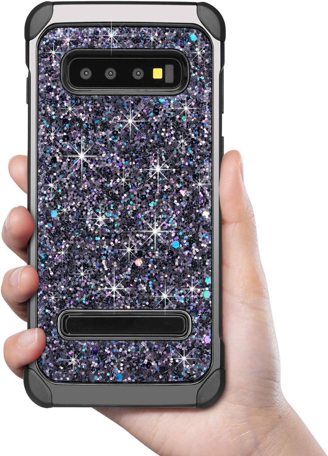 UARMOR Galaxy S10 Case, Samsung Galaxy S10 Case, Luxury Glitter Bling Rugged Shockproof Stand Hybrid Sparkly Shiny Faux Leather Chrome Hard Protective Case Cover for Samsung Galaxy S10, Black