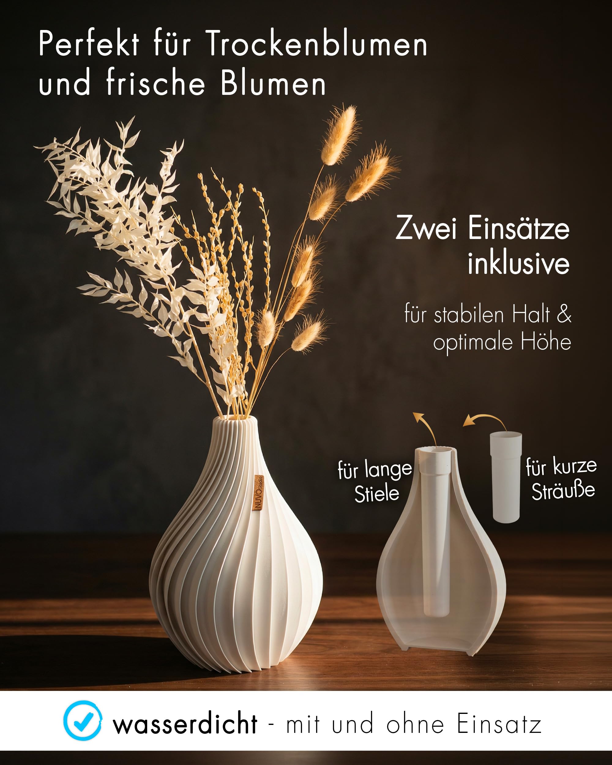 Vase „Ventura“ 25cm – Set mit Strauß – Moderne Vase für Trockenblumen & frische Blumen – wasserdicht – nachhaltig & 3D-gedruckt in Deutschland (Champagne, L, Set mit Strauß)