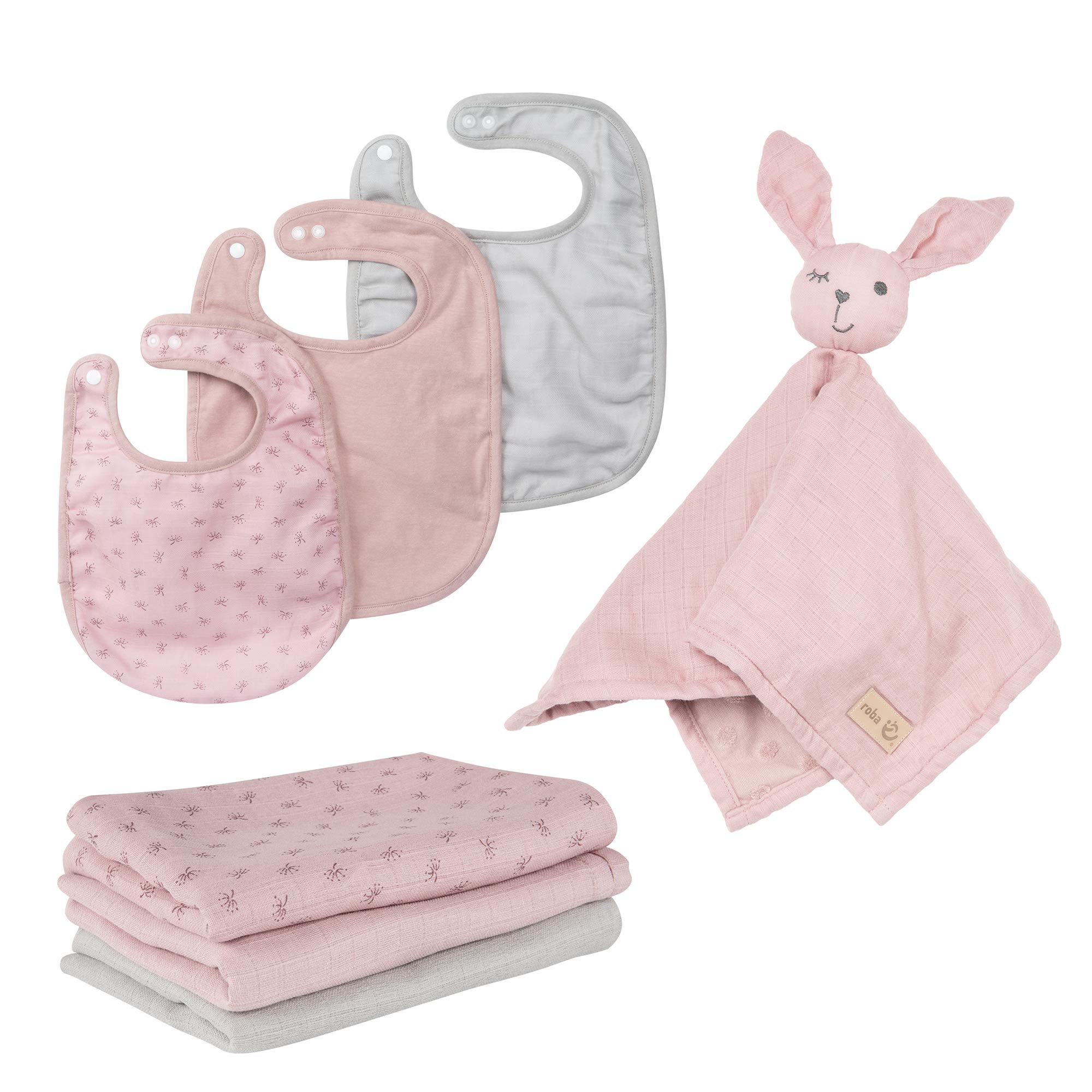roba Set Regalo Baby Essentials Lil Planet - 3 Bavaglini in Jersey e Mussola - 1 Morbido DouDou - Panno Doppio Strato - 3 Lenzuolini - 80% Cotone e 20% Poliestere - Rosa