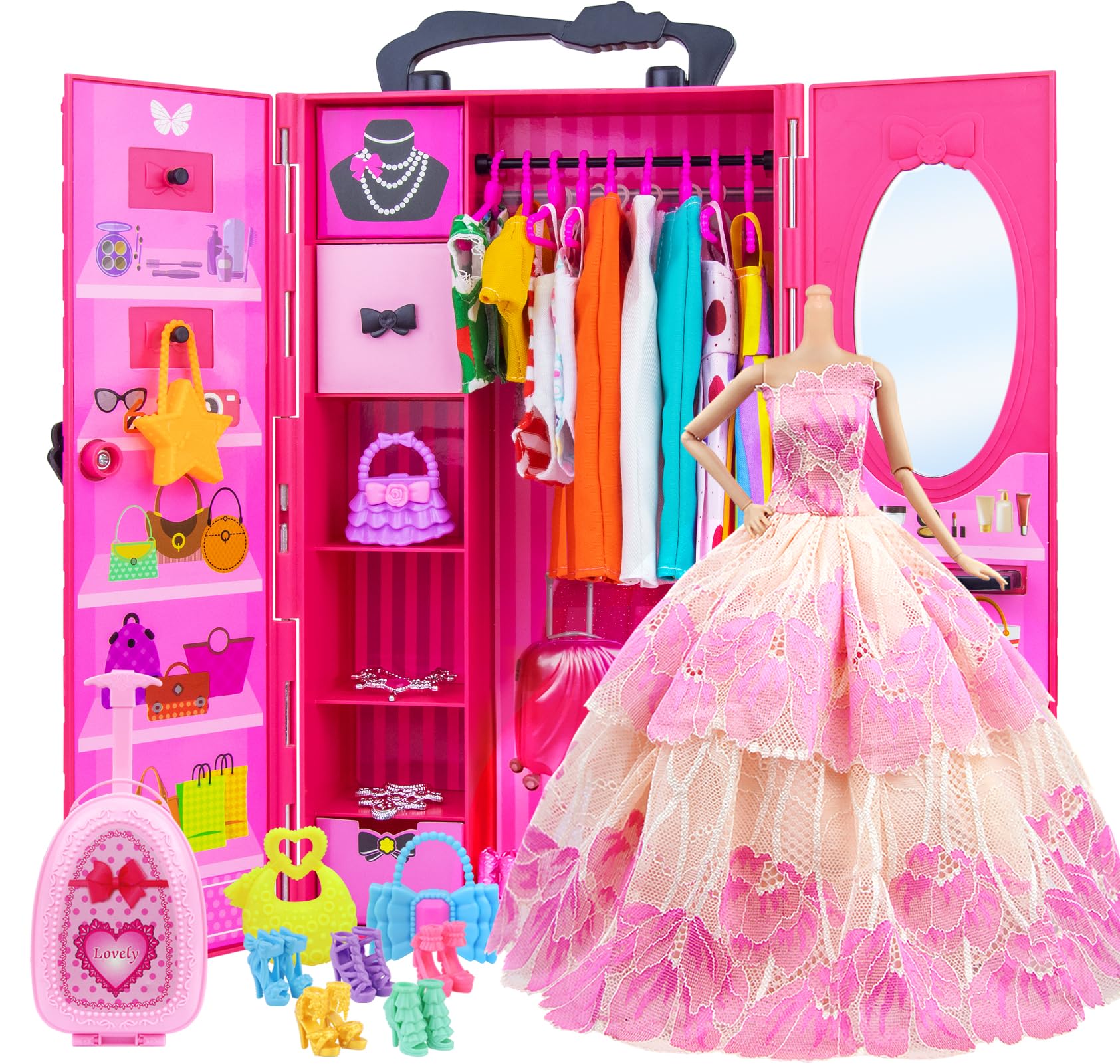 ZITA ELEMENT 11.5 Inch Girl Doll Closet Wardrobe with Clothes and Accessories Set 101 Pcs Including Wardrobe Suitcase Clothes Dresses Swimsuits Shoes Hangers Necklace Bags and Other Stuff