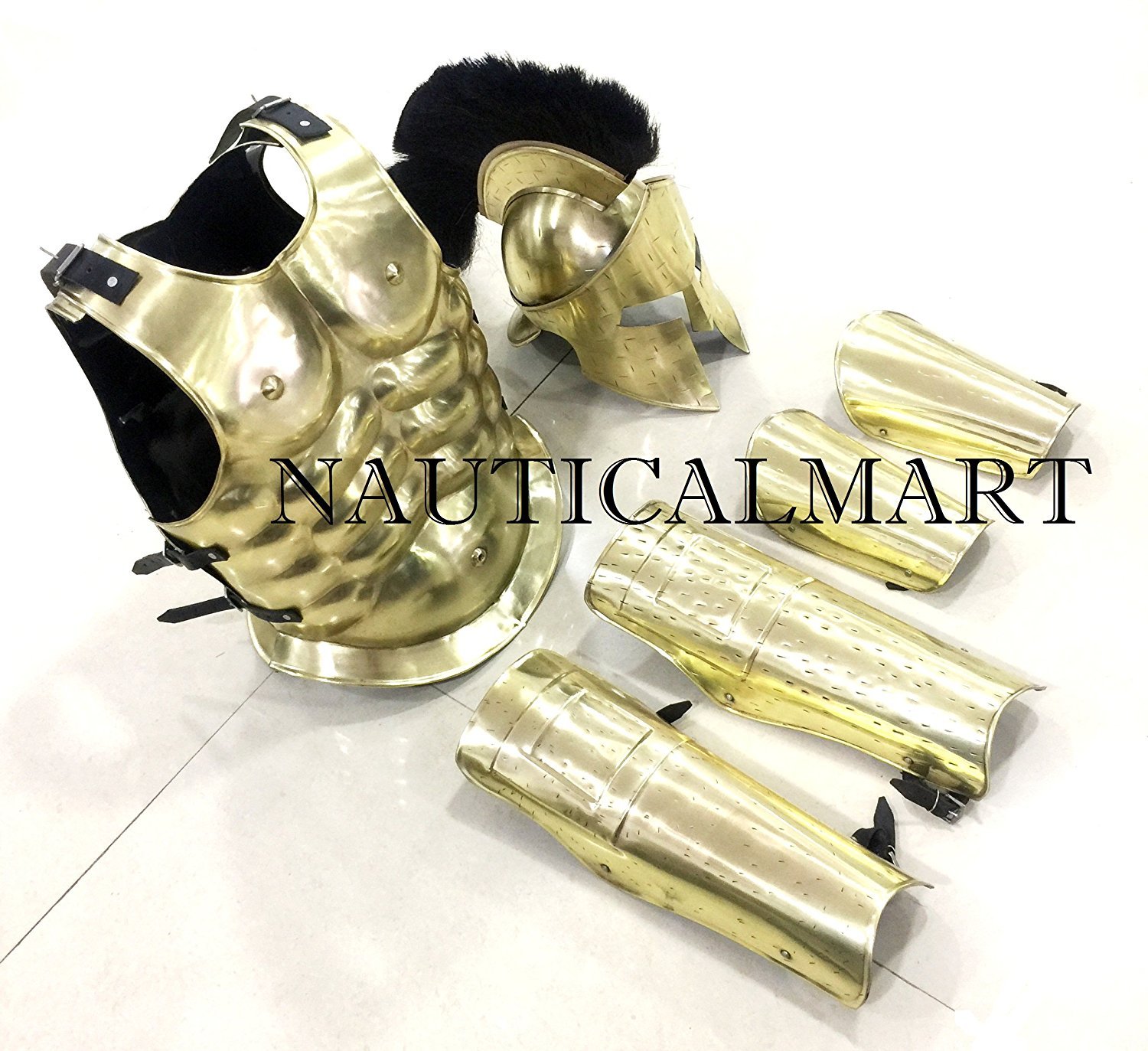 NauticalMart King Leonidas 300 Spartan Brass Helmet W/Black Plume Medieval Muscle Armor Jacket Leg Or Arm Guard