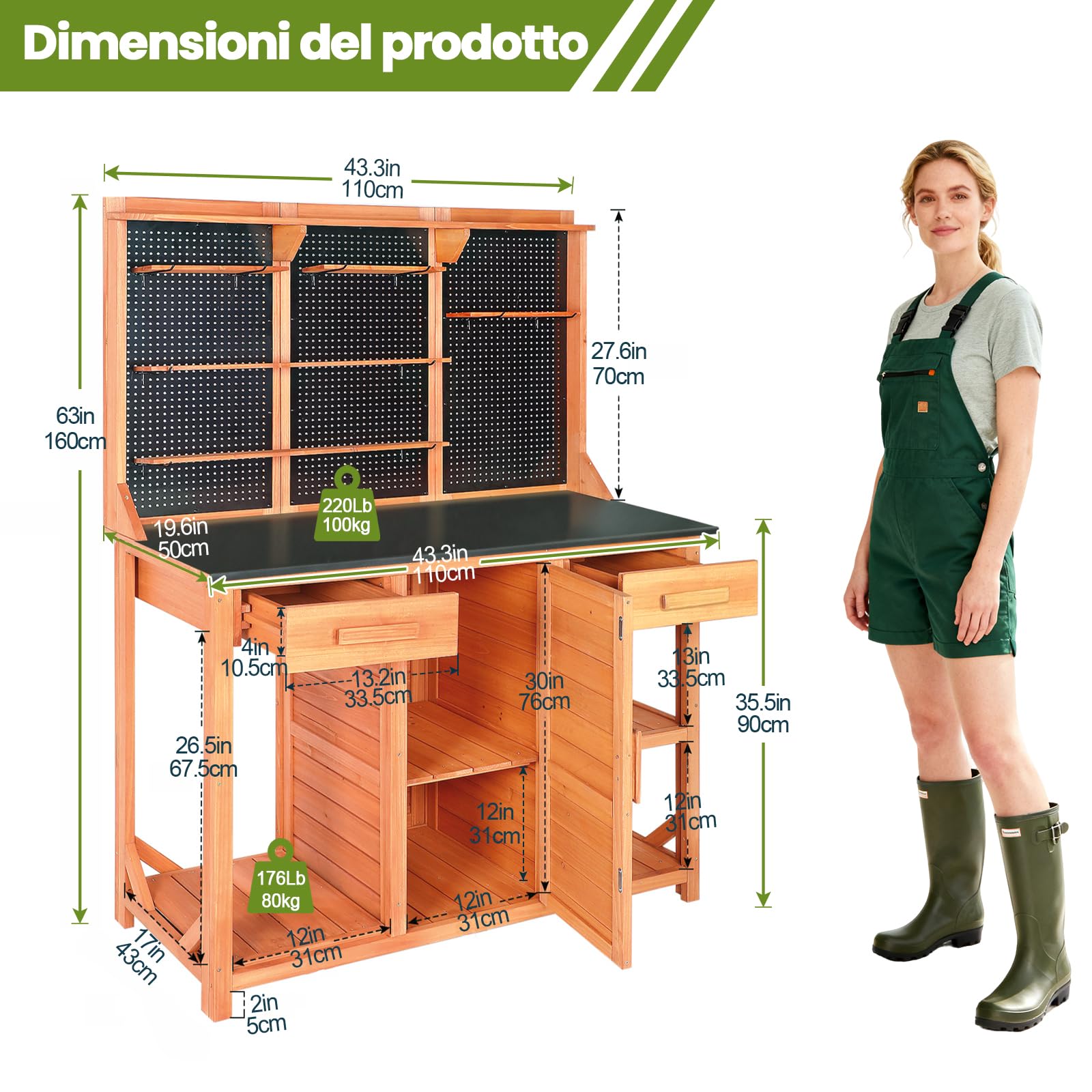 Armadio da giardino in legno resistente alle intemperie, per esterni, con parete forata, cassetti e spazio di archiviazione, resistente alle intemperie, per la cucina all'aperto, con ripiani e