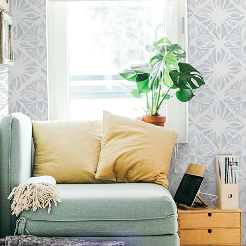 Miniatura 5 de Papel tapiz geométrico para despegar y pegar, bohemio, 78.7 x 17.3 pulgadas, blanco y azul, papel de contacto blanco, papel de pared extraíble para