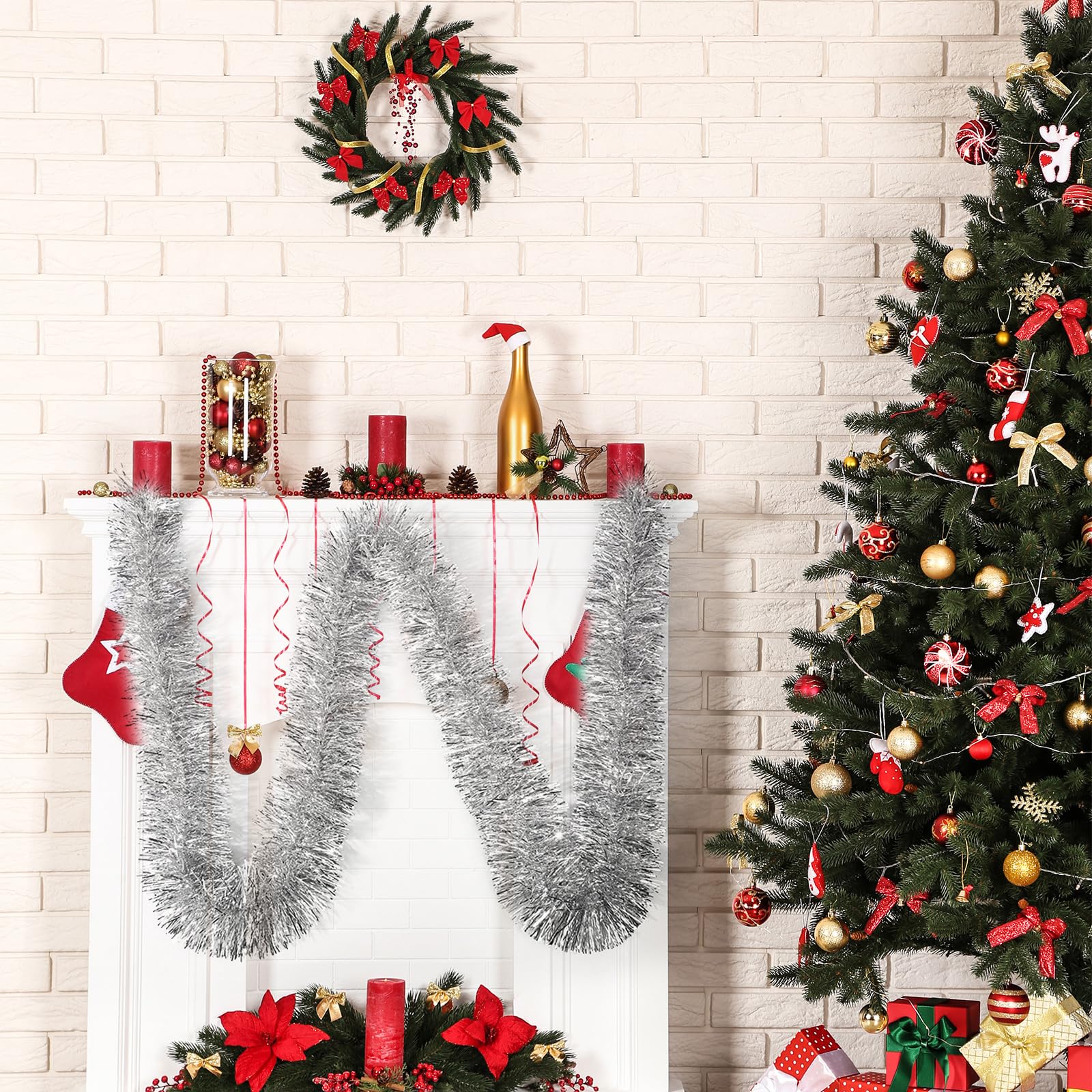 Lot de 2 guirlandes de Noël argentées de 7,6 m - Décoration murale - Pour sapin de Noël, fête d'anniversaire (15 m, argenté)