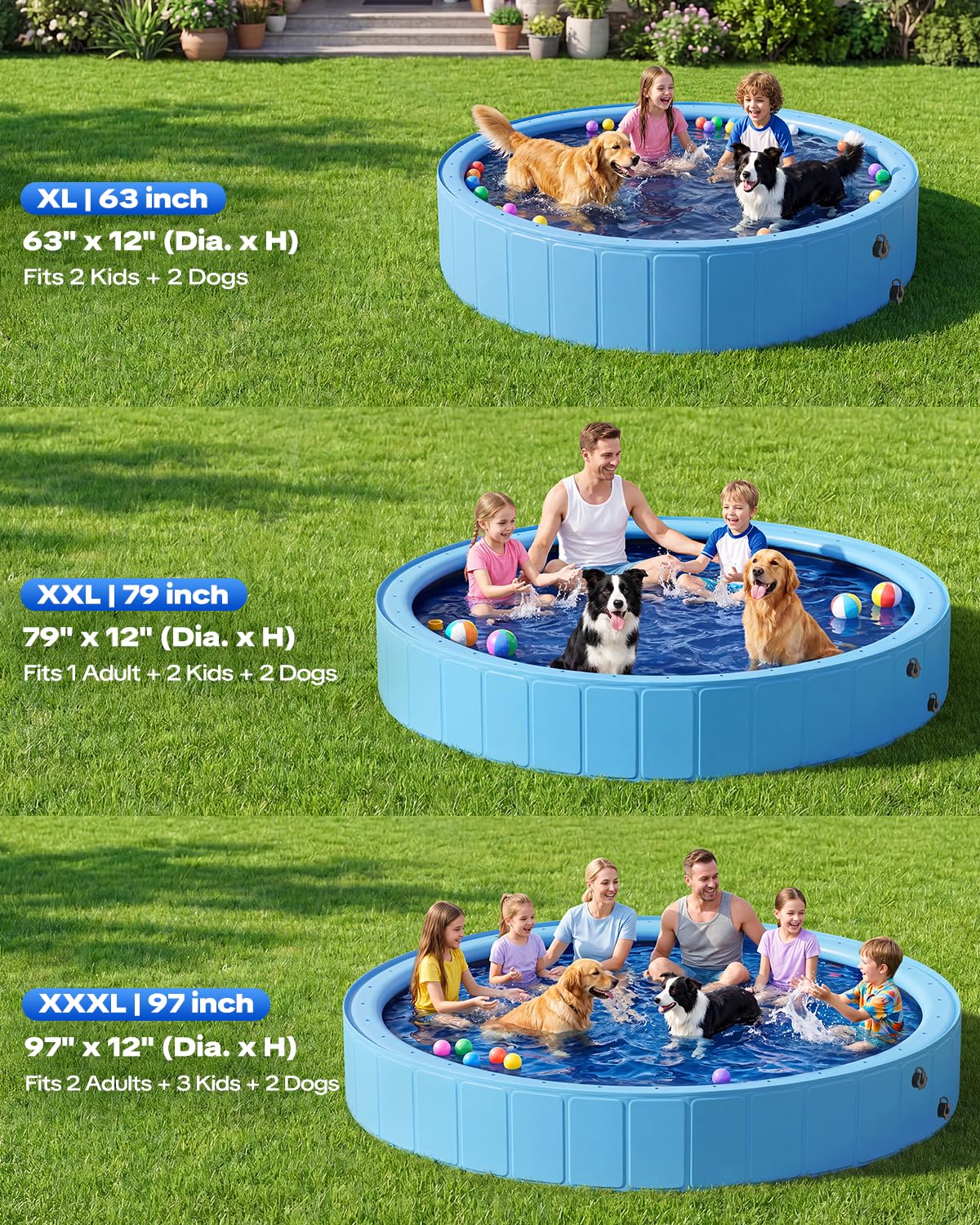 Raxurt Faltbarer Hundepool mit Sprühkopf, 79inch strapazierfähiger Hundepool, 2-in-1 rutschfeste PVC-Badewanne für Haustiere für den Außenbereich im Garten