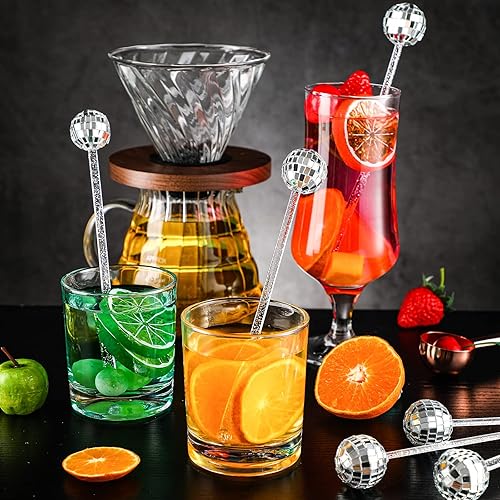 Miniatura 2 de Sawysine 24 unidades de bolas de discoteca agitadores de cóctel, bola de discoteca plateada, palitos decorativos de 8 pulgadas, bola de espejo de