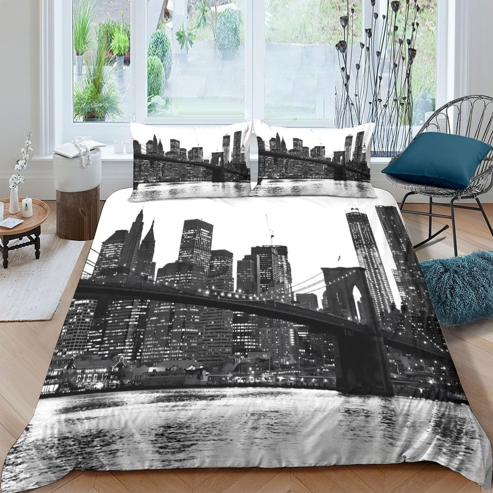 Ctjqhvkz Style-5 3D Printed New York Skyline Fitted Sheet Microfiber Soft Bedroom Decor Black White City Mattress Cover Single（135X200cm）