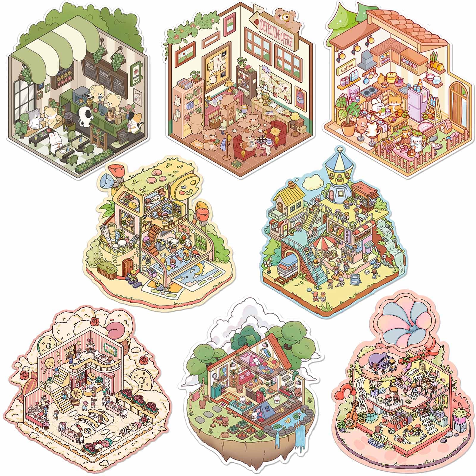 iGetooy 8 Sets 3D Sticker Scene, DIY 3D House Stickers for Kids, Cute Stickers for Laptop, Water Bottle, Phone, Make Your Own Scene Sticker for Adults & Kids Relief Stress Pass The Time