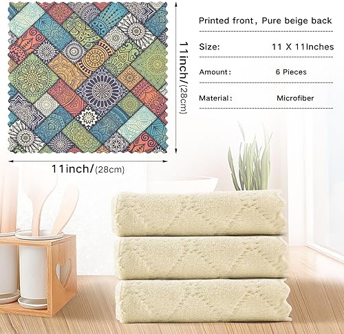 Miniatura 3 de Juego de 6 paños de cocina con diseño de mandala verde, reutilizables, suaves y absorbentes, paños de cocina de 11 x 11 pulgadas para automóvil,