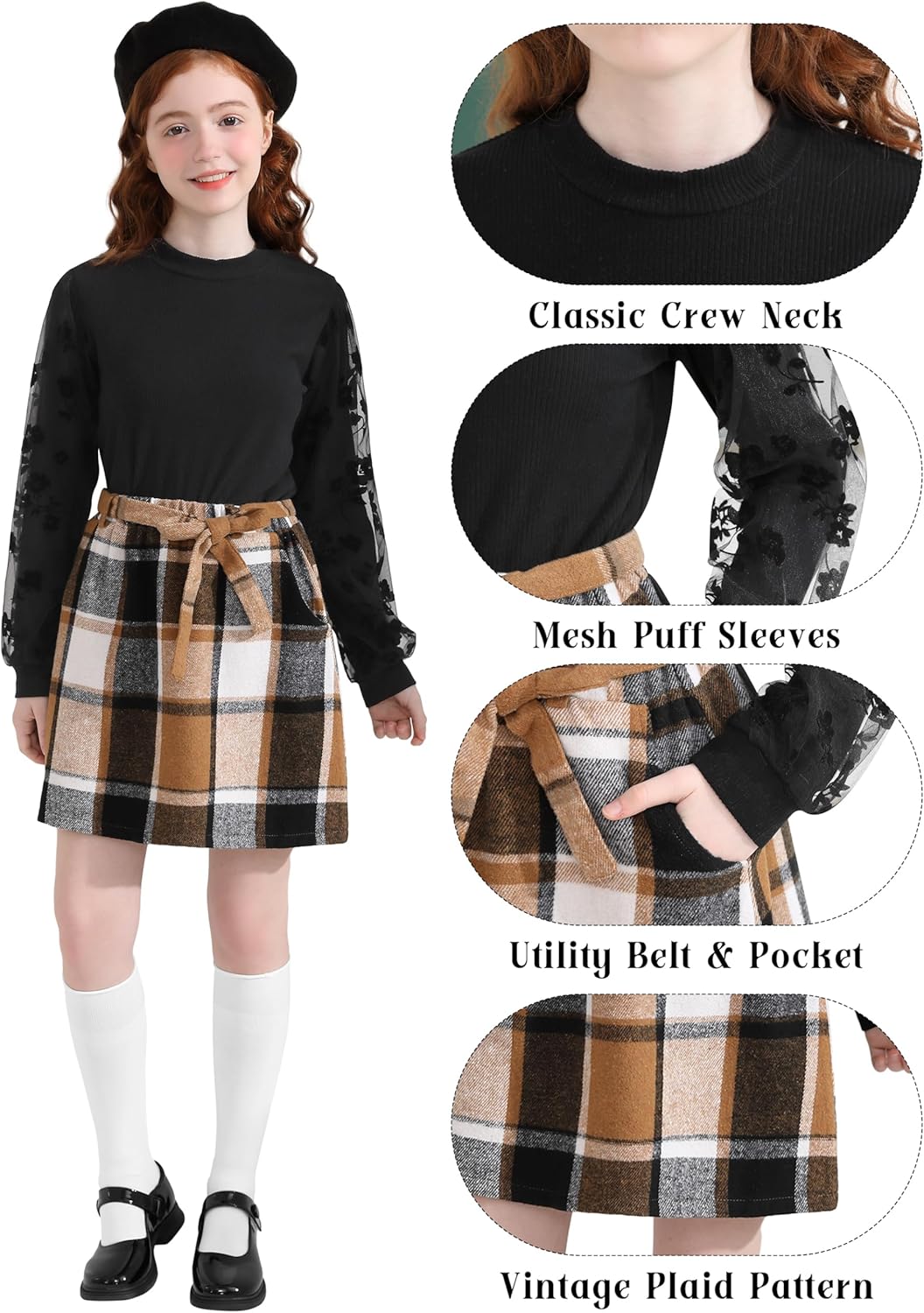 2-Piece Girls Skirt Set Winter Plaid Skirt Set Casual Fall Long Sleeve Rib Knit Shirt Tops Dress Outfit with Pockets - Image 3
