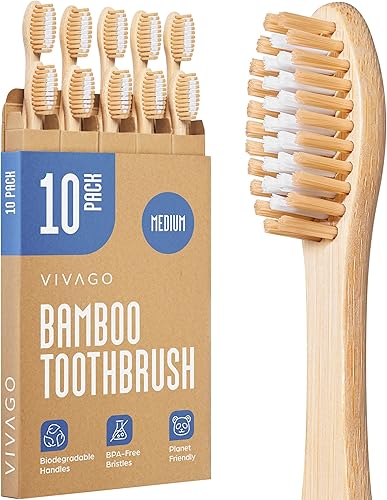 Cepillos de dientes de bambú con cerdas medianas, 10 unidades, sin BPA, cepillos de dientes de cerdas medianas para adultos, ecológicos, cepillo de