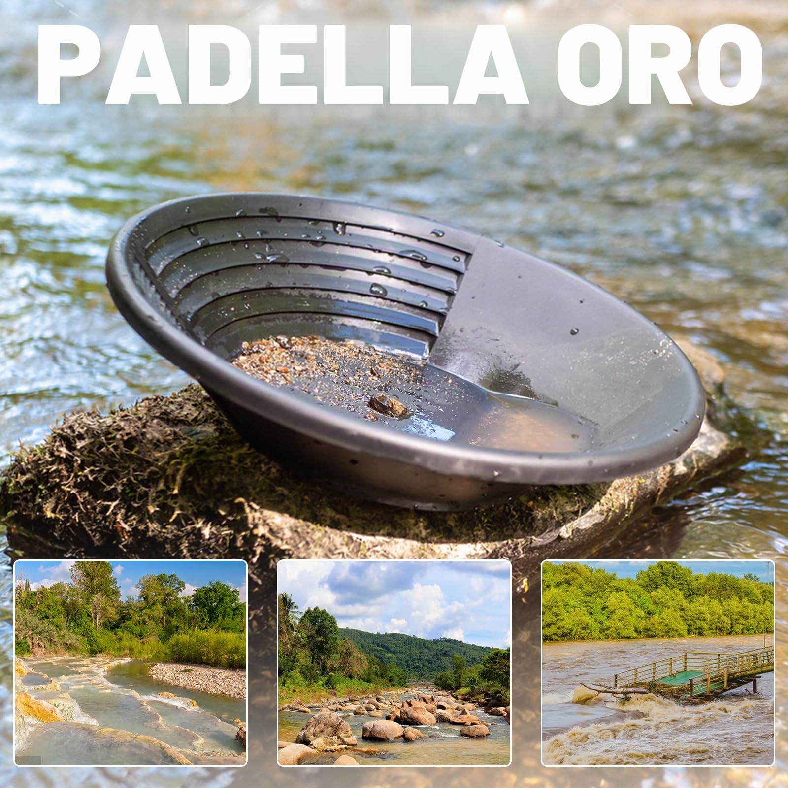 AFAIK Bacino per la Ricerca Dell'Oro Gold Pan Kit Classificatore d'oro Ricerca Oro Pans Setaccio Accessori per sabbia oro miniere lavaggio manuale oro panning attrezzature (Nero)