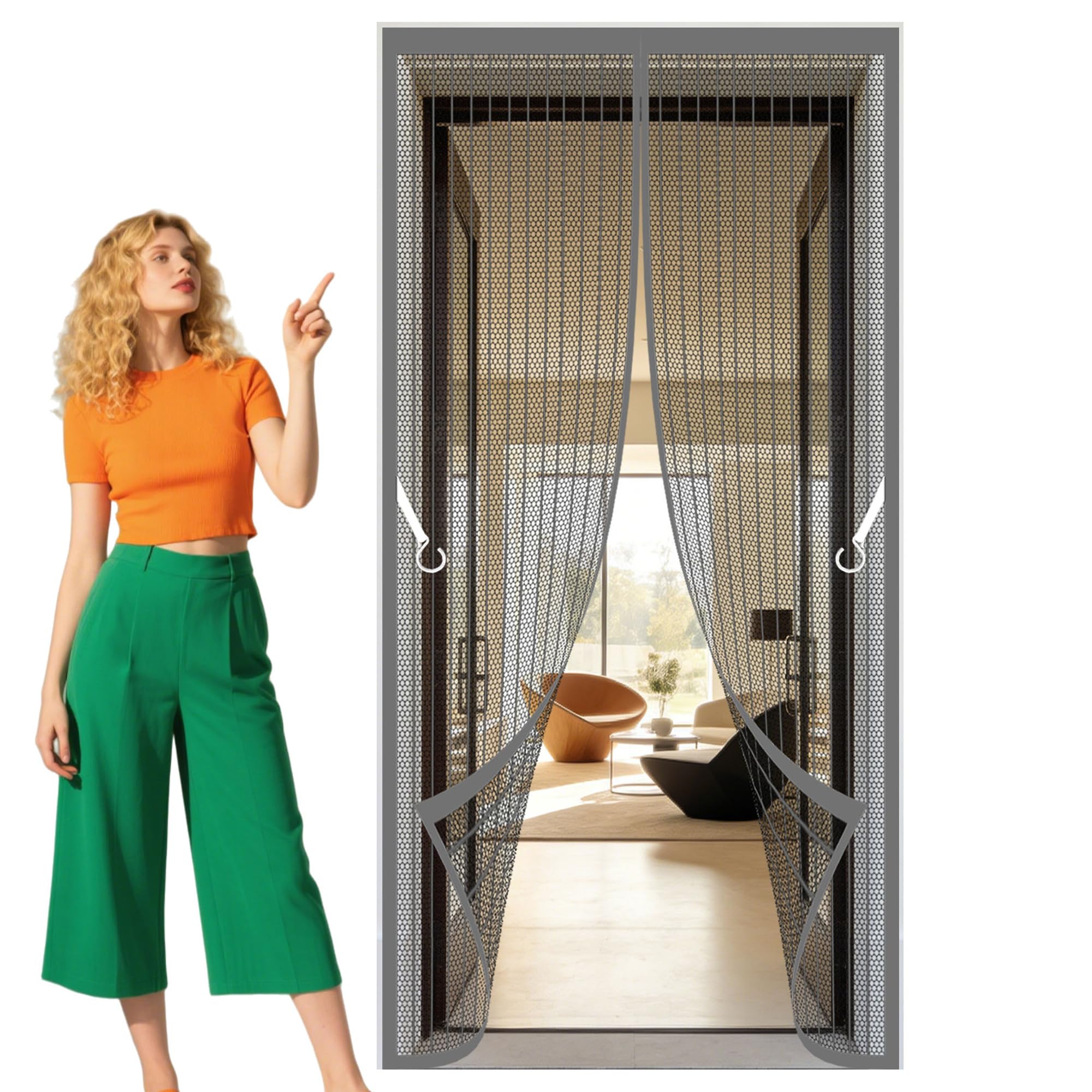 Door Fly Screen Curtain 103 x 247 cm Self Sealing, Hands Free Mosquito Screen Door Keep Fresh Air in Bugs Out Suitable for Patio Room Balcony Bedroom, Grey