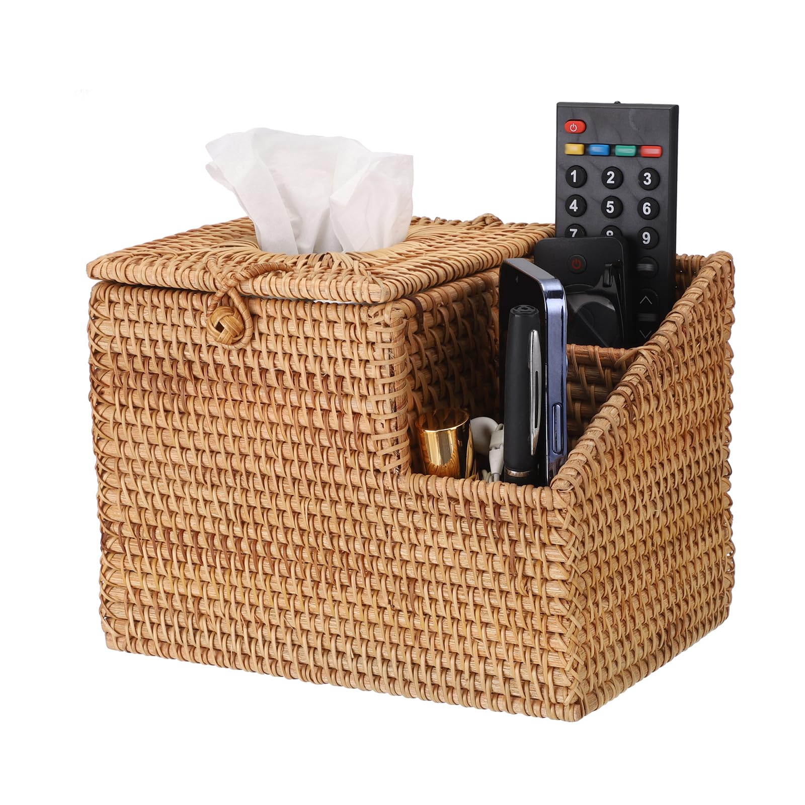 IGNPION Boîte à mouchoirs carrée tissée en rotin avec 2 compartiments pour télécommande, pour maison, bureau, voiture, hôtel