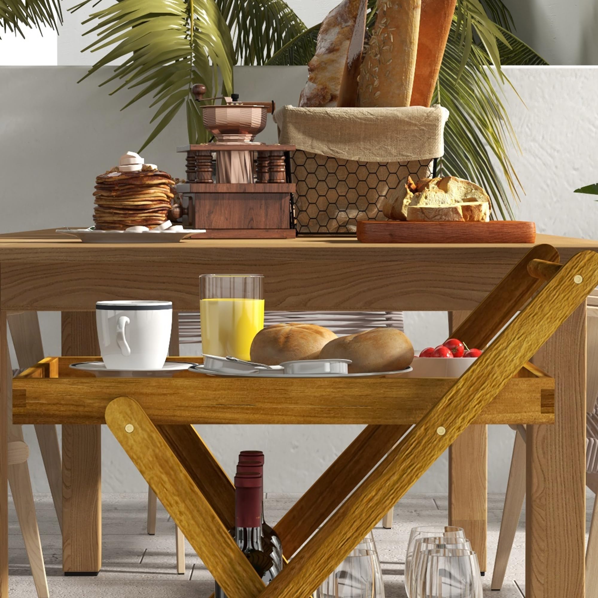 Outsunny Desserte de Jardin Chariot pour Barbecue en Bois avec 2 Plateaux, 3 casiers à Bouteilles et 2 Roues 52L x 71l x 74H cm Bois Naturel