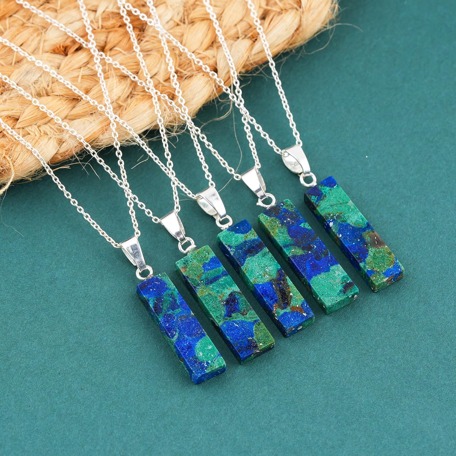 Yashee Natural Azurite Malachite Crystal Pendant Necklace, Healing Rough Bar Gemstone, Birthday, Gift for Women, Polished Slice Stone, Adjustable Silver Plated Jewelry 18 inch, A+ Chain