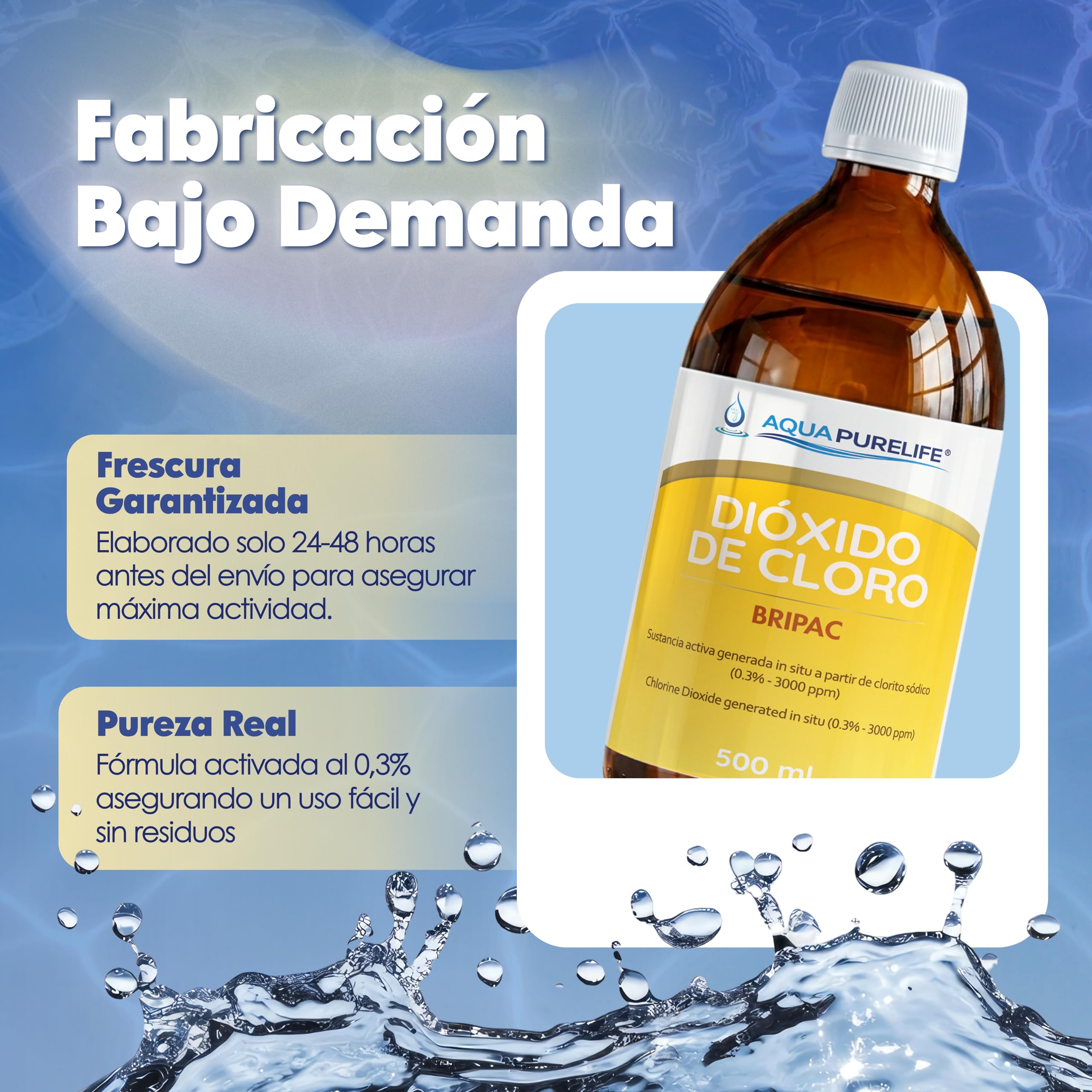 Dióxido de Cloro 500 ml - CDS 3000 ppm Solución Activada 0,3% - Formato Ahorro - Fabricante Directo - Botella Cristal Ámbar con Jeringa - Fabricado en España