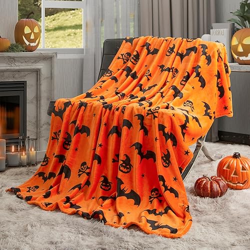 Ghost Halloween Blanket 50” x 70” Reversible Pumpkin Print Fleece Throw Blanket, 320 GSM Surper Soft Warm Cozy Fall Blanket for Couch Sofa Bed, Halloween Harvest Gifts and Home Decor - Halloween-a