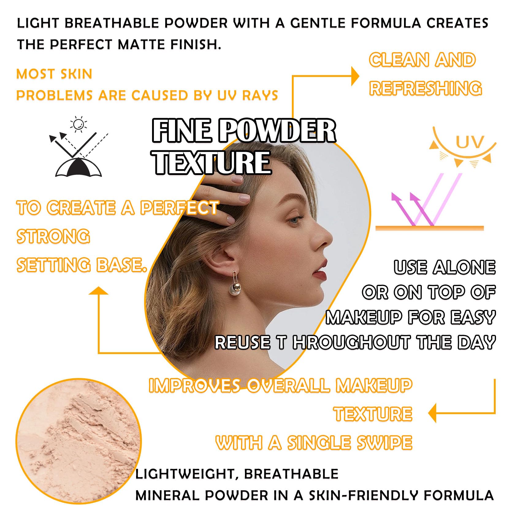 Maquillaje de polvo de ajuste de protector solar mineral, polvo translúcido SPF 50 PA ++++,Control de aceite de larga duración de ajuste facial protector solar en polvo, acabado mate, ligero, 4