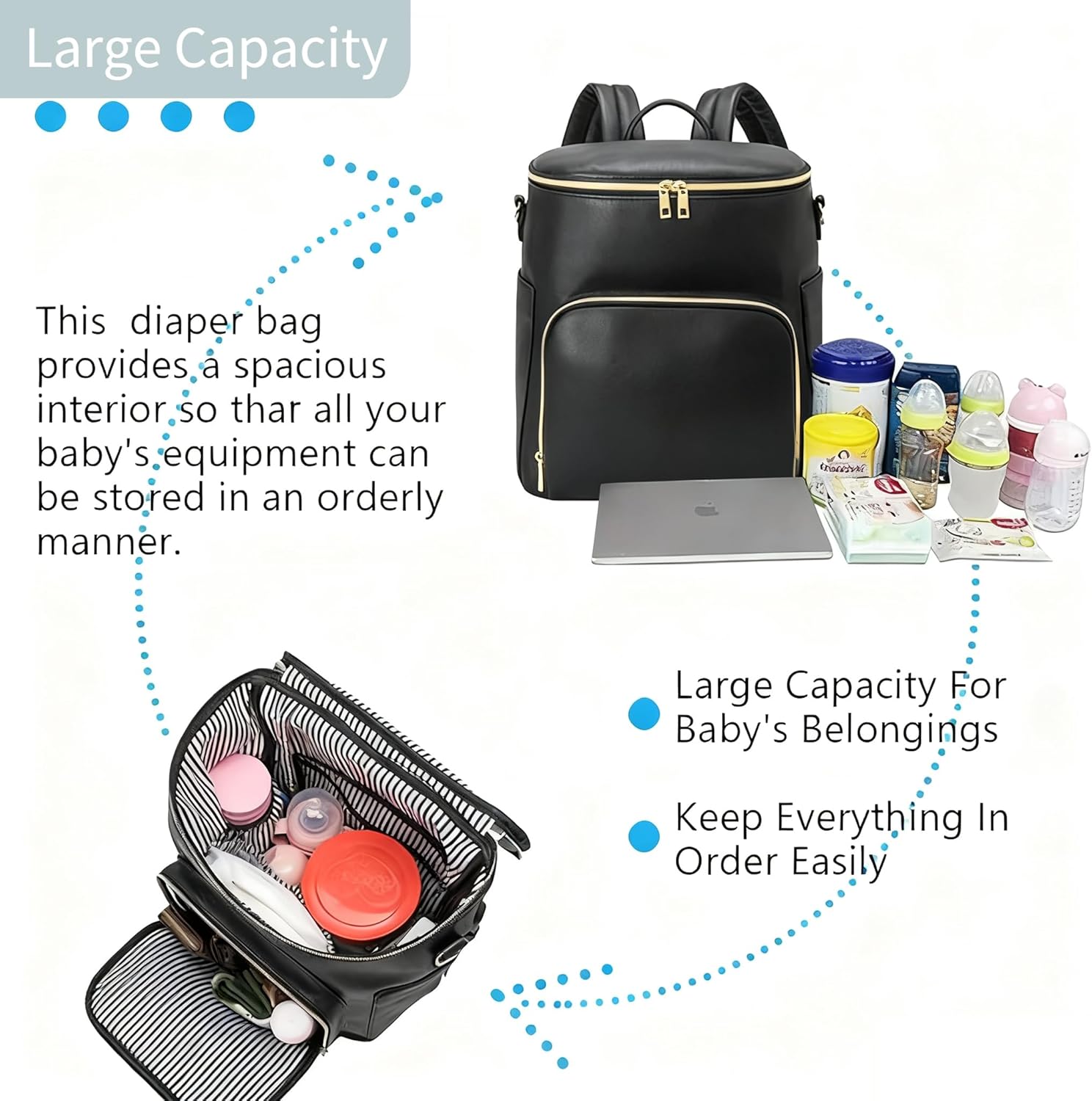 Large Diaper Bag Backpack with USB Port, Vegan Leather Diaper Tote, Hospital Bag for Labor, Stroller Straps(Black)