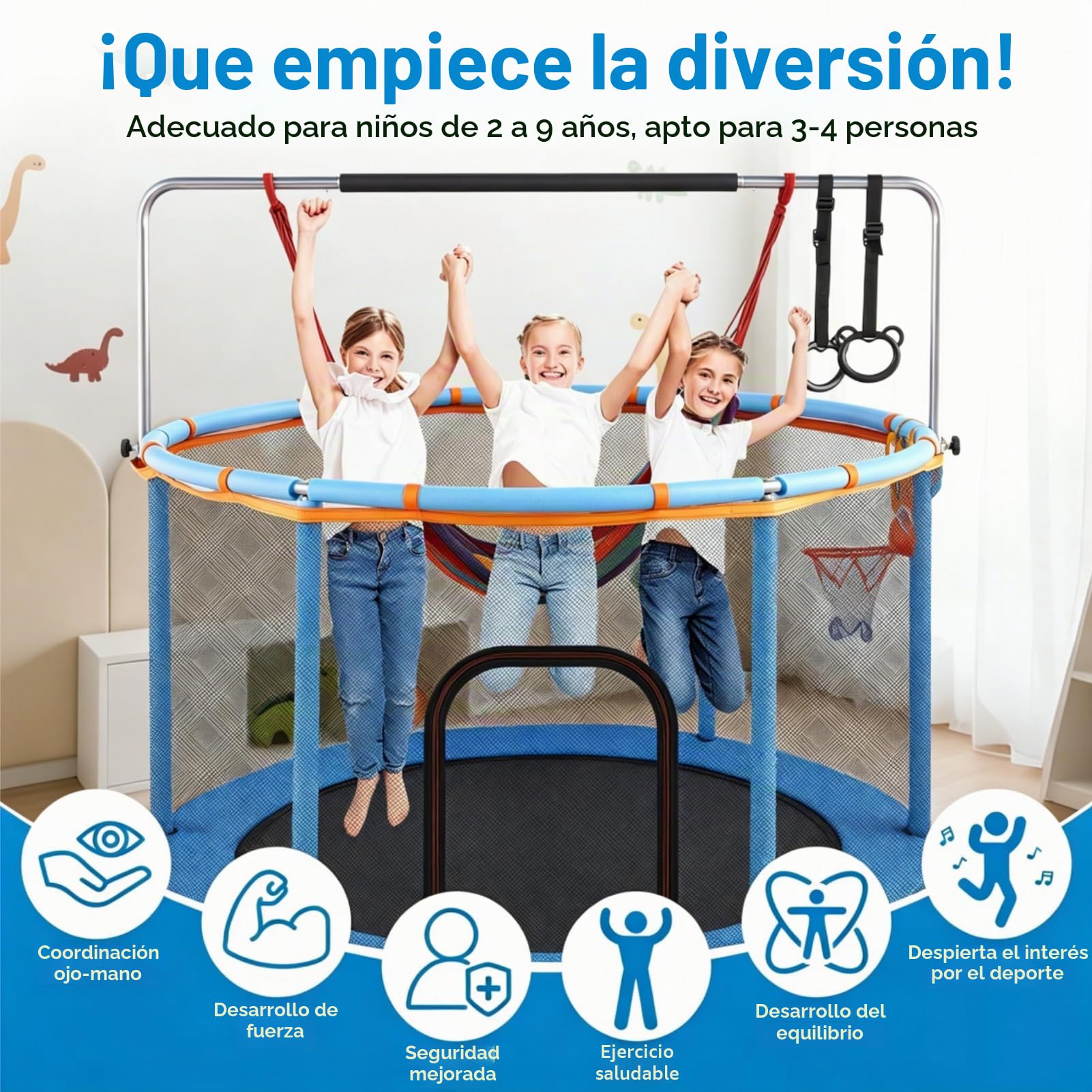 150cm Cama Elastica Niños Exterior, Multifuncional 5 en 1 Trampolin con Columpio, Aro de Baloncesto, Anillas, Red Seguridad y Ventosas Antideslizantes, Altura Ajustable para Niños 2 a 9 Años