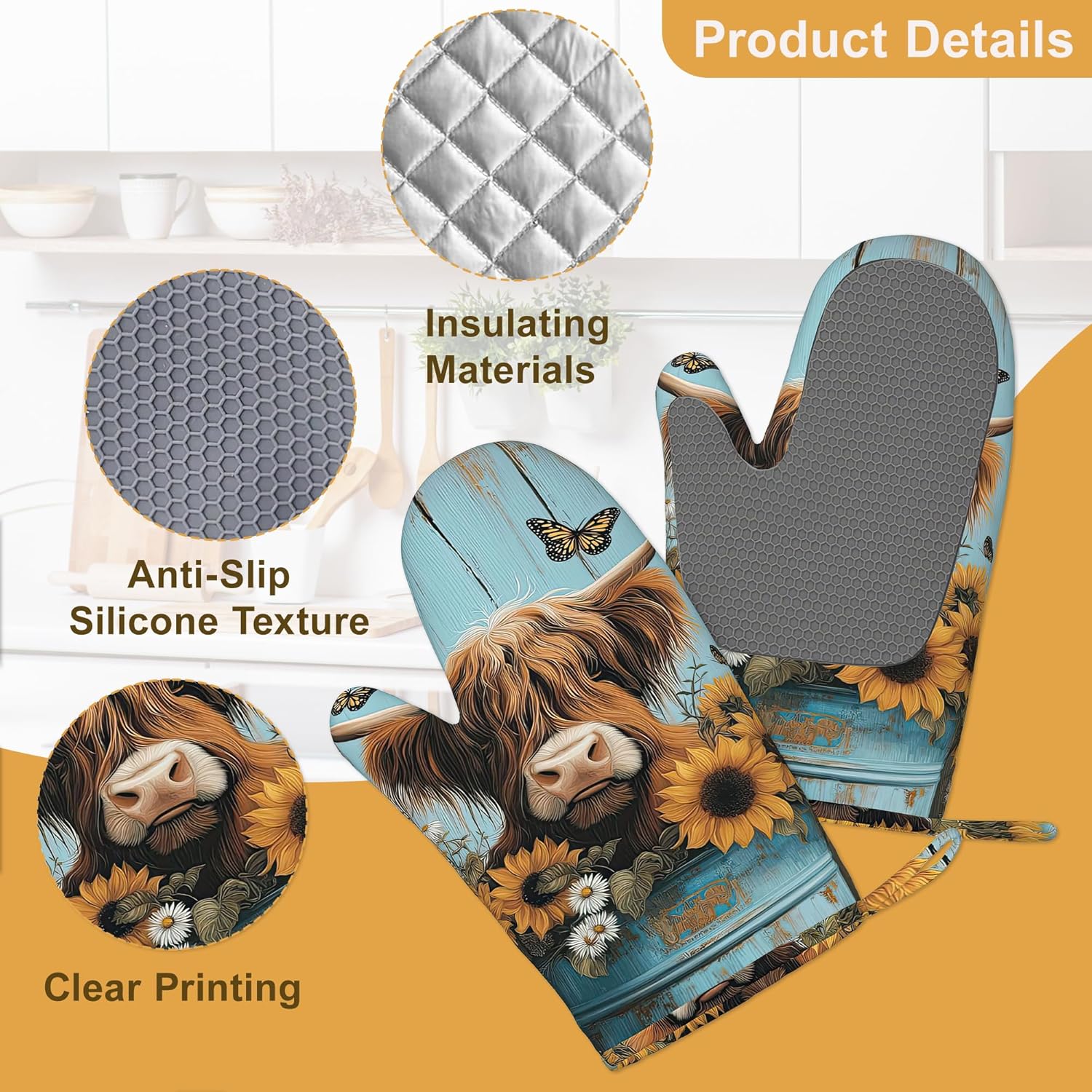 Highland Cow Oven Mitts and Pot Holders Sets,Silicone Cow Sunflower Wood Kitchen Mitts Potholders Heat Resistant 4Pcs Oven Gloves Hot Pads for Kitchen Baking Cooking