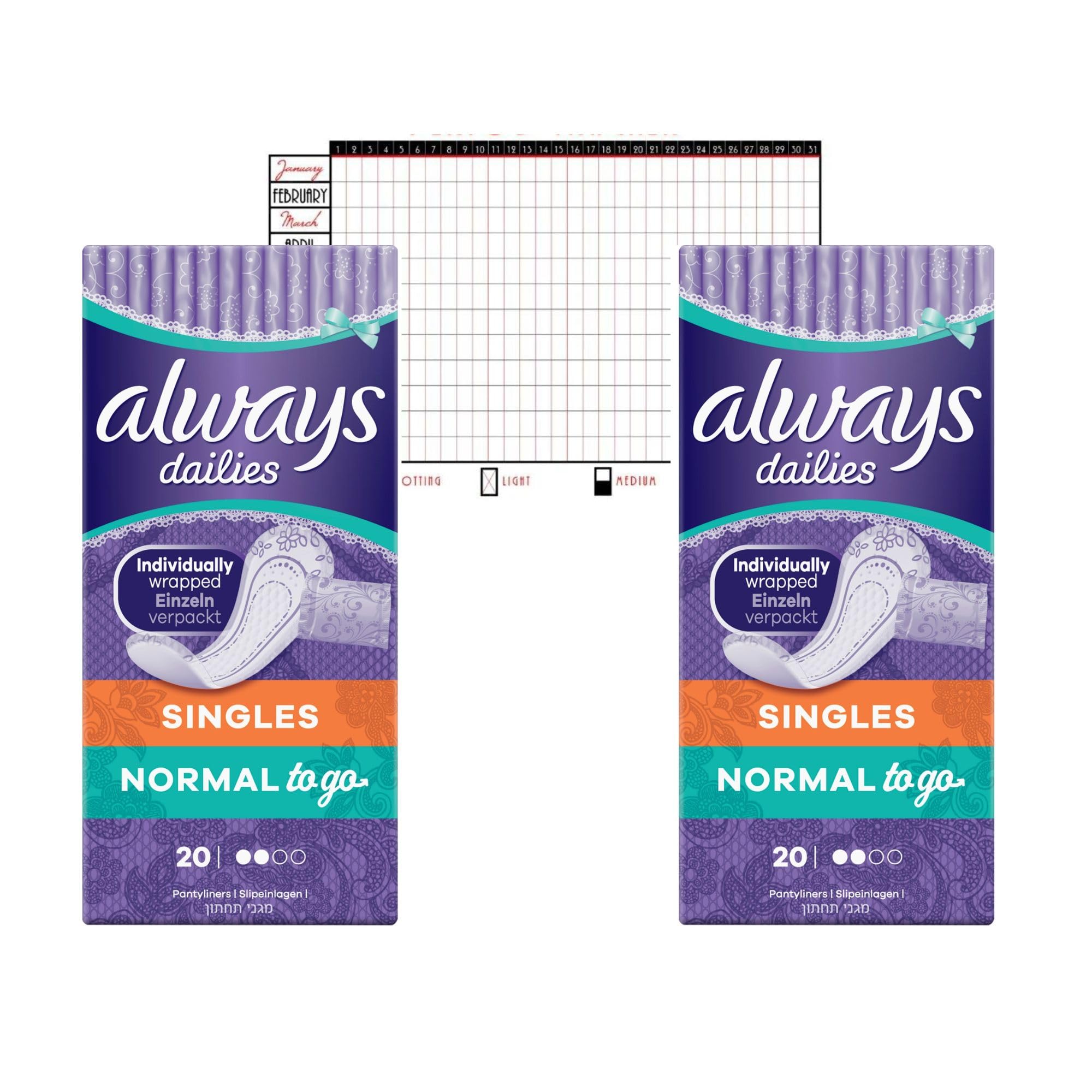 Always Dailies Panty Liners Normal 40x Fresh Scent | Everyday Freshness | Odour Neutralising | Comfort | 2 Packs of 20 | Includes Norths gifts and bundles Period Tracker
