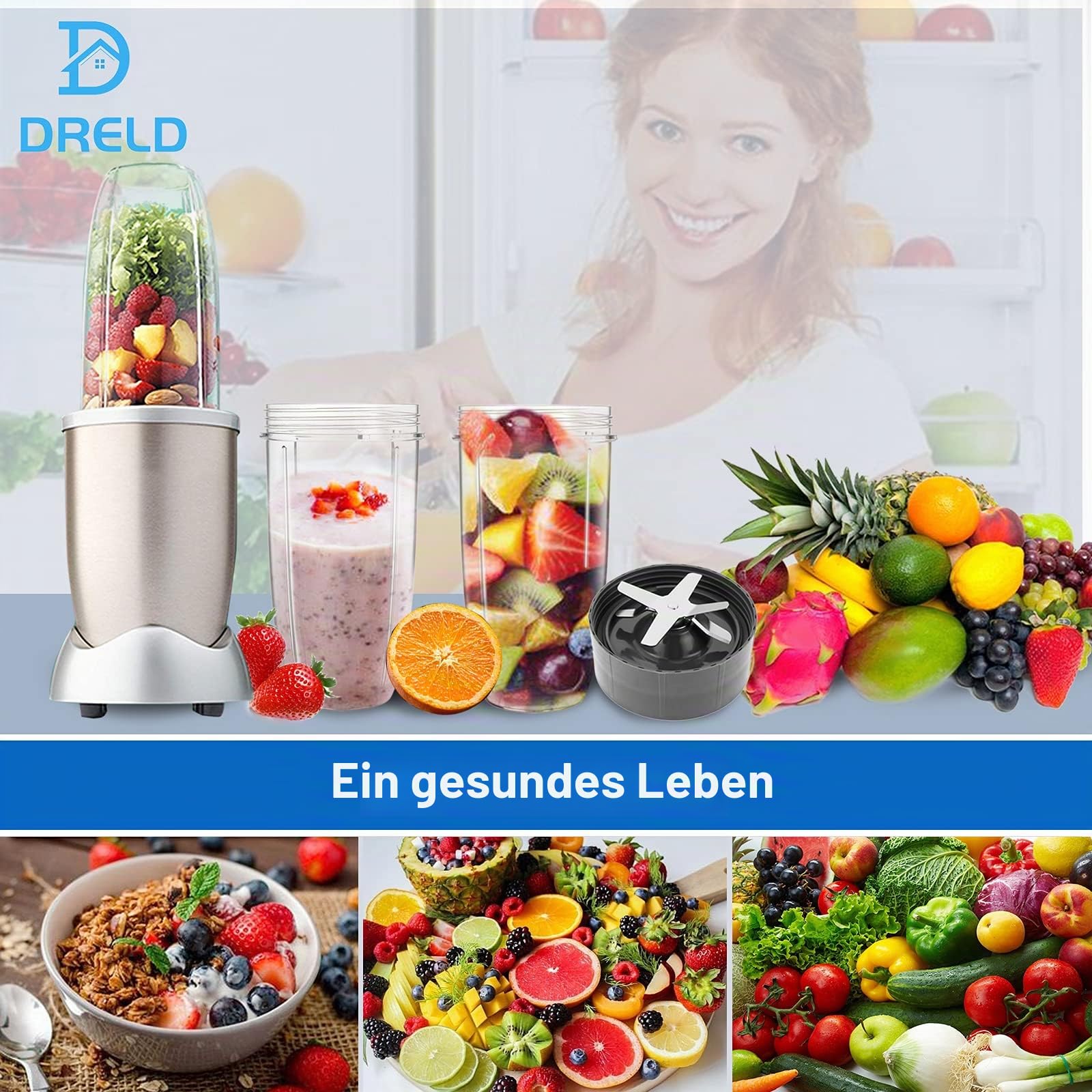 DRELD 7 Stück Mixer Ersatzteile Kompatibel mit NutriBullet Entsafter 600 W/900 W Mixer, mit 2×32oz Becher, 2×Ersatz-Extraktorklinge, 2×Gummidichtungen,1×Bürste, Nutribullet-Zubehör | Kompatibel mit Nutribullet 600 W/900 W Mixer-Modellen