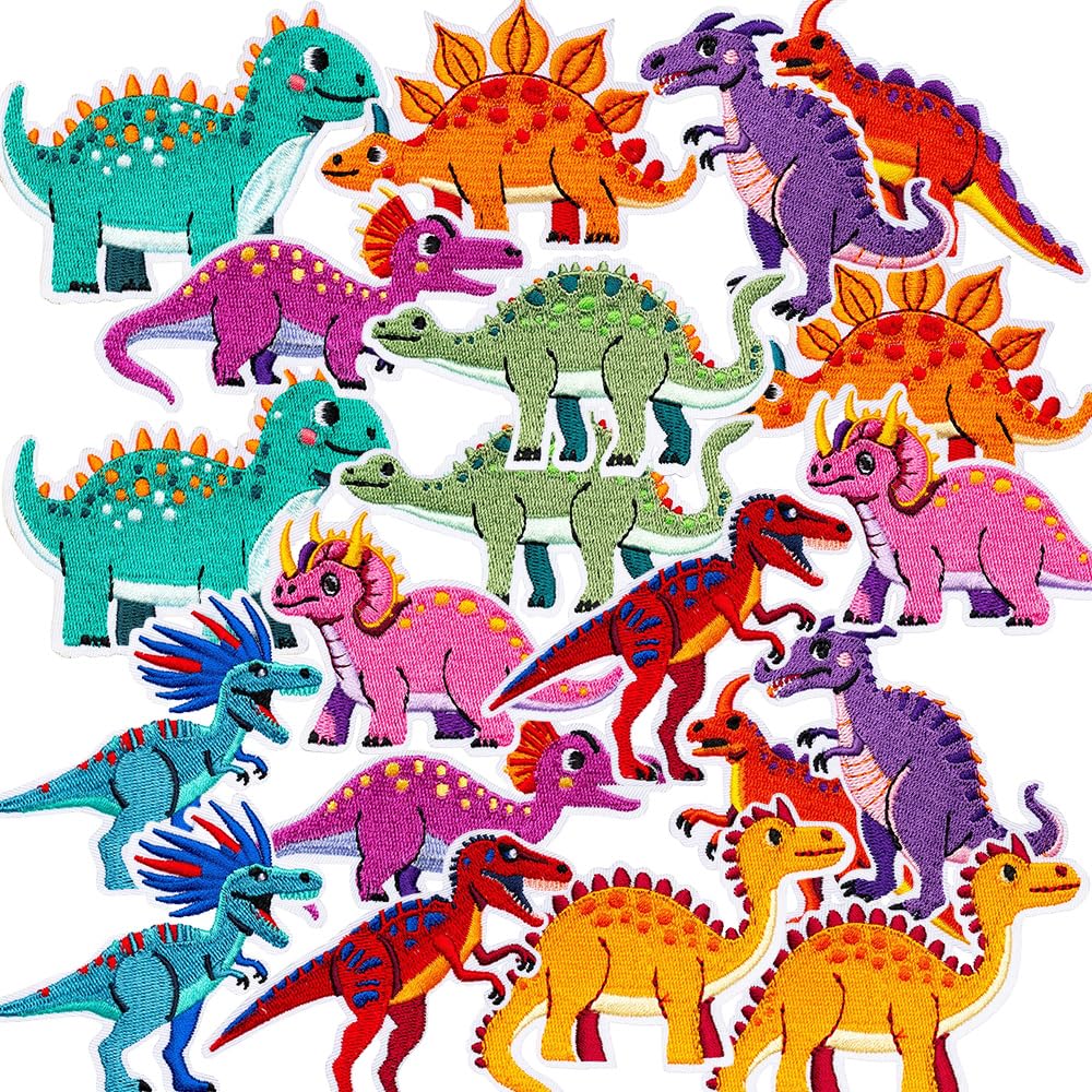 20 PCS Cartoon Dinosaur Patches Embroidered Iron on Sew on Cartoon Dinosaur Applique Patches for Coat Hat Pants Clothes Backpacks Jeans DIY Decoration Bags Jackets Uniforms