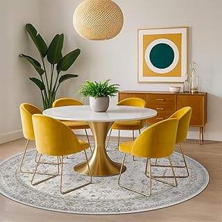 Boho Light Grey 6ft Round Washable Rug for Living Room - Modern Eclectic Floral Pastel Neutral Taupe, Washable Low Pile Non-Slip Circle Area Rugs for Dining Under Table, Bedroom, Lounge