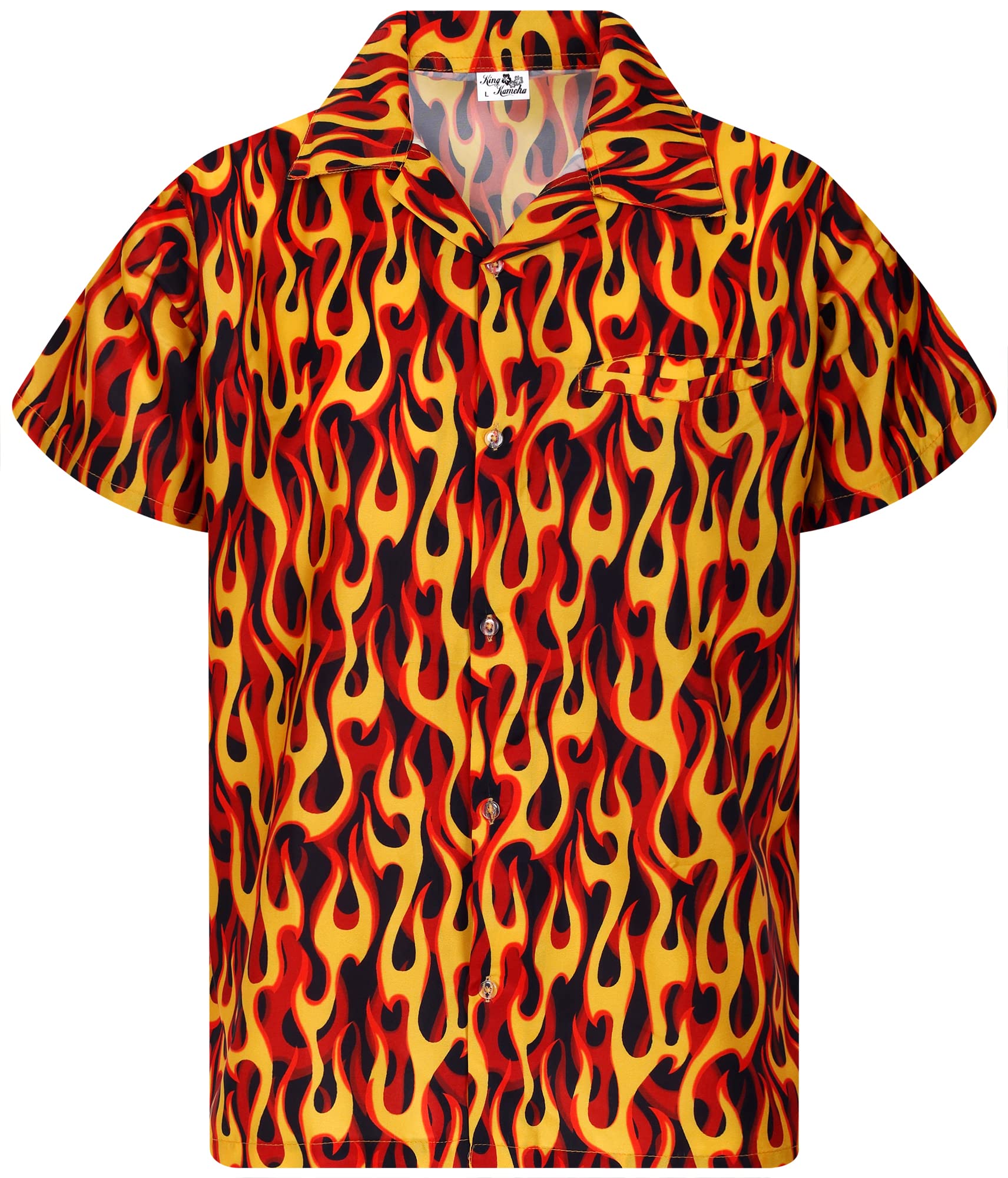 King Kameha Funky Hawaiian Shirt, Men, Shortsleeve, Flames Allover, Yellow Red, M