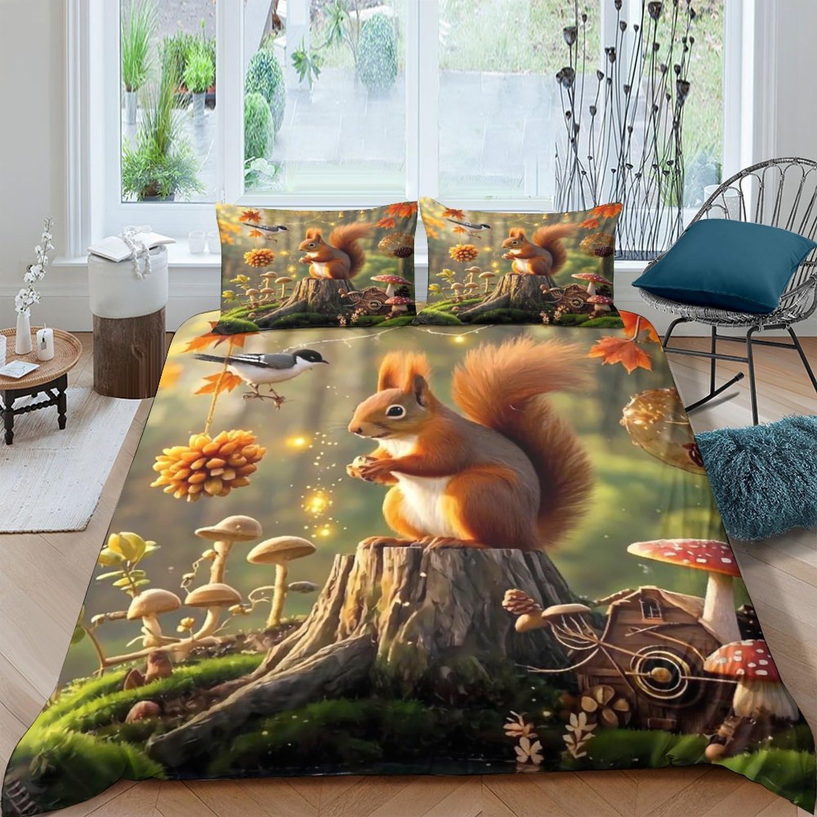 Ctjqhvkz Style-4 3D Printed Forest Squirrel Fitted Sheet Microfiber Soft Autumn Mushroom Mattress Cover For Home Bedroom Decor Single（135X200cm）