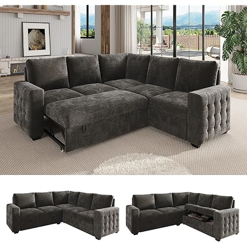 86 Inch Sectional Sleeper Sofa, 5 Seat L Shaped Sleeper Sectional Couch with Pull Out Bed, Convertible Sofa Bed with Storage for Living Room, Apartment, Modular Cloud Couches, Dark Grey