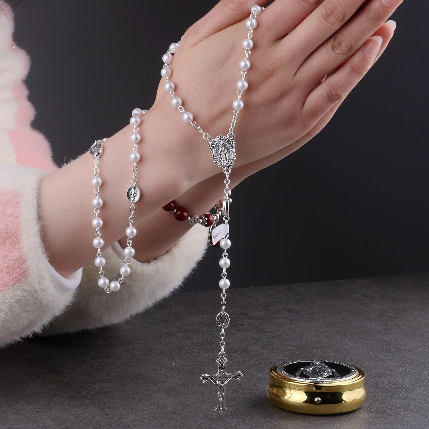 HanlinCC Glass Pearl Beads Catholic Rosary Necklace for Women with Gold Plated Miraculous Gift Box - Image 9