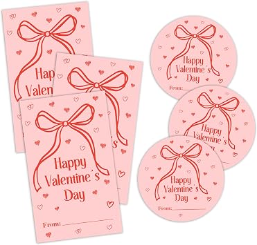 40 PCS Valentines Day Stickers - Bow Self Adhesive Round & Rectangle Label for Kids Adults - Happy Valentines Day - Valentines Sticker Tag for Gift Wrap Envelope Card Party Decor - A03