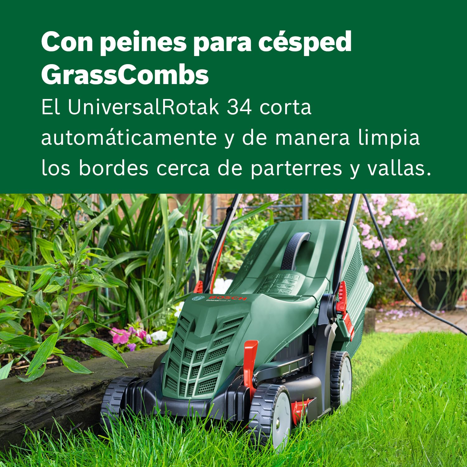 Bosch cortacésped con cable UniversalRotak 34-405 | potente motor de 1300 W y 34 cm de ancho para un corte homogéneo de césped y bordes; con cesta colectora de 40 litros