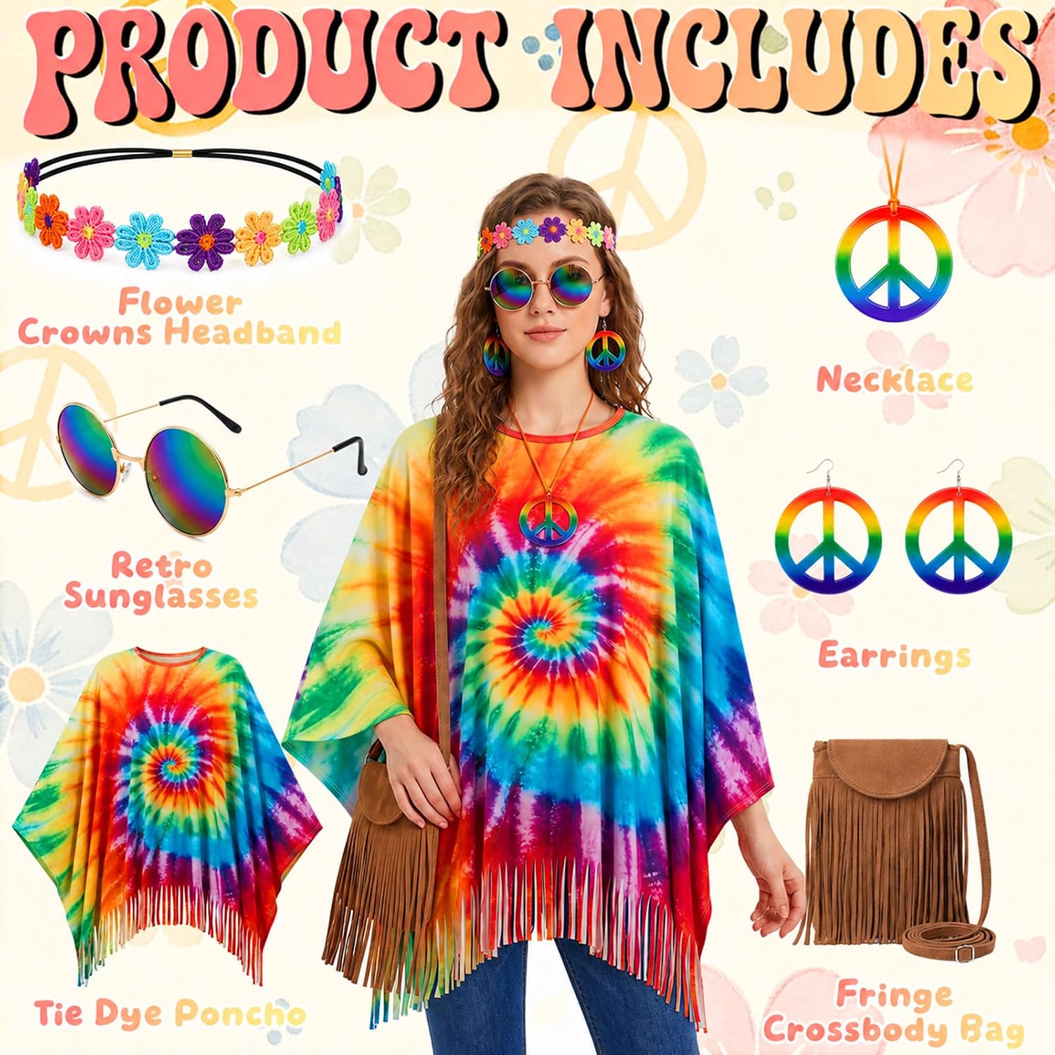 6PCS Hippie Costume for Women - 60s 70s Outfits Tie Dye Poncho with Accessories Set, Hippy Clothes for Halloween