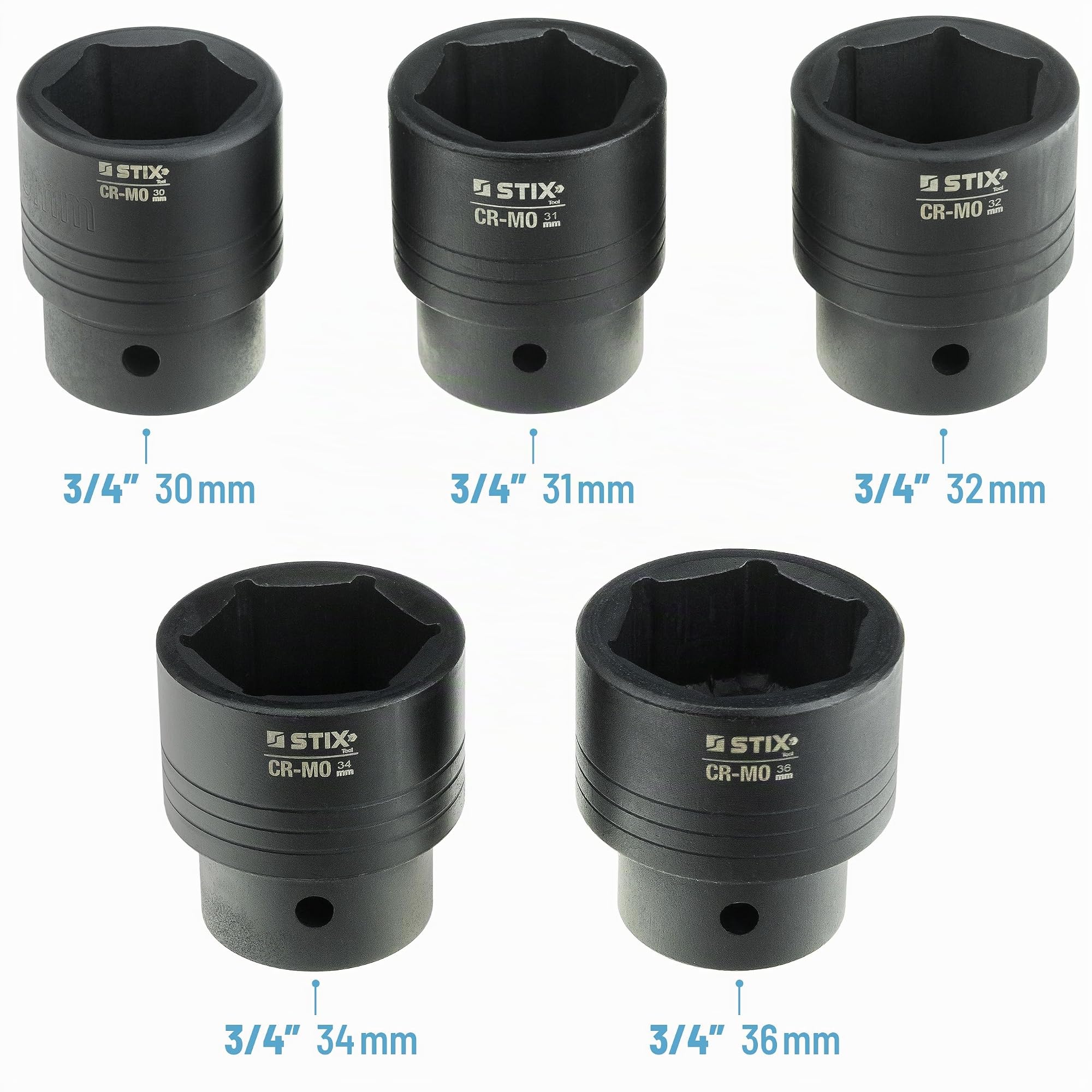 STIX Set Chiavi a Bussola a Impatto 3/4" e 1" CR-MO 21-65 mm 26 Pezzi | Bussole lunghe, accessori inclusi, robusta valigetta per il trasporto, per avvitatori a percussione, uso professionale