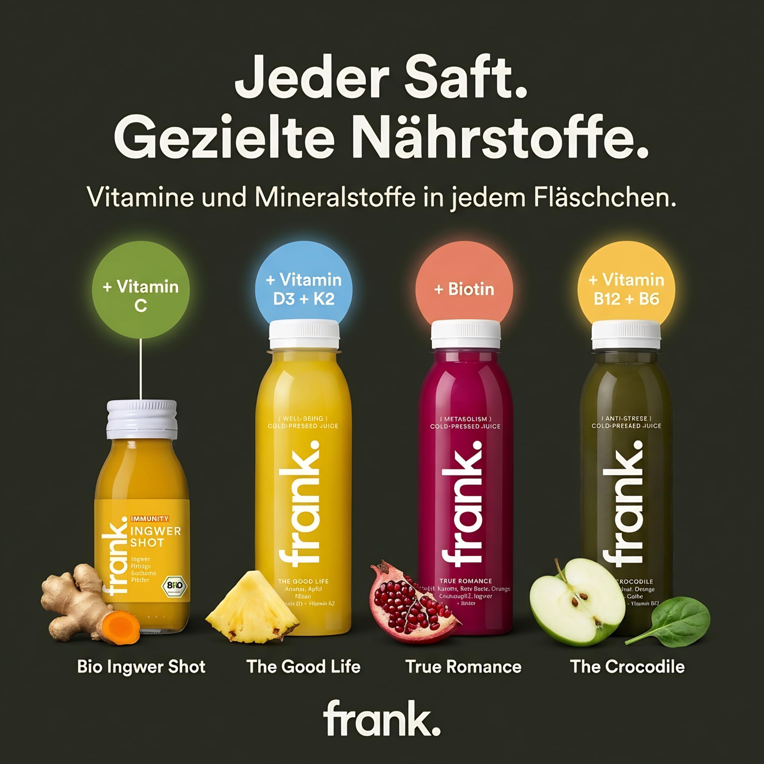 Frank Juice Saftkur 3 Tage | 18 x 330ml Säfte + 3 x 60ml Bio Ingwer shot | Direktsaft kaltgepresst Vegan | ideale Fastenkur aus frischem Obst & Gemüse | Premium Qualität (inkl. 4,50€ Einweg Pfand)