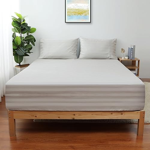 Sábana bajera ajustable a rayas de tamaño individual, color beige, 600 hilos, 100% algodón, sábana bajera de satén a rayas, sábana bajera de 15