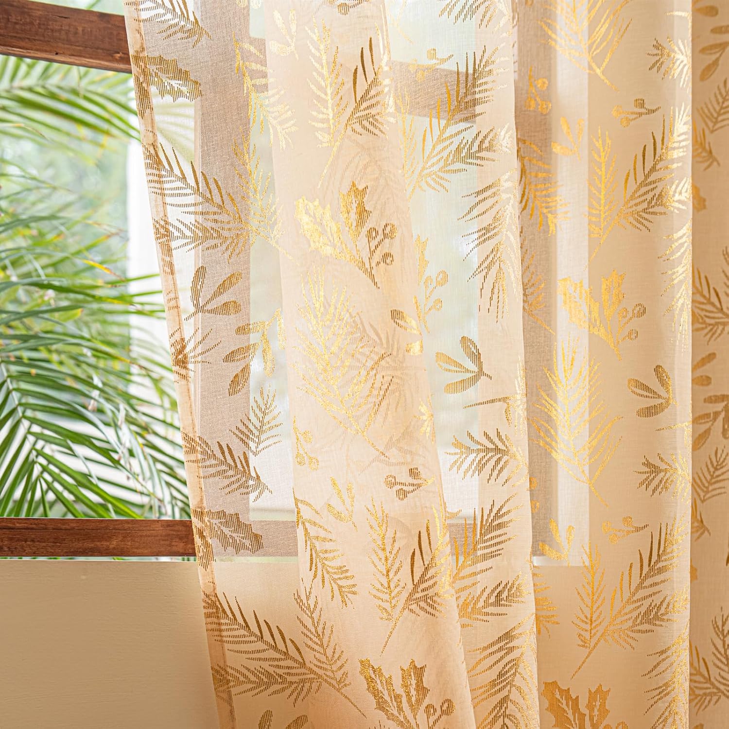 Deeprove Beige Sheer Curtains 63 inches Long 2 Panels for Bedroom Living Room Nursery, Khaki Metallic Gold Foil Leaves Print Golden Breathable Tropical Window Treatments Pair Set, W52 x L63 Inch