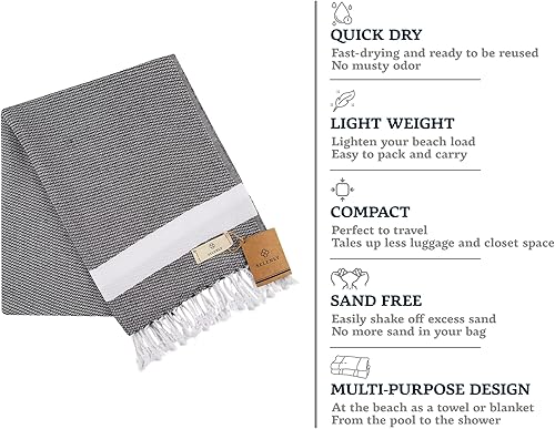 Miniatura 7 de Toalla turca 100% algodón, toalla turca de playa o baño, prelavada, ligera y de alta absorción, de secado rápido, mantas de playa sin arena, 37 x 71
