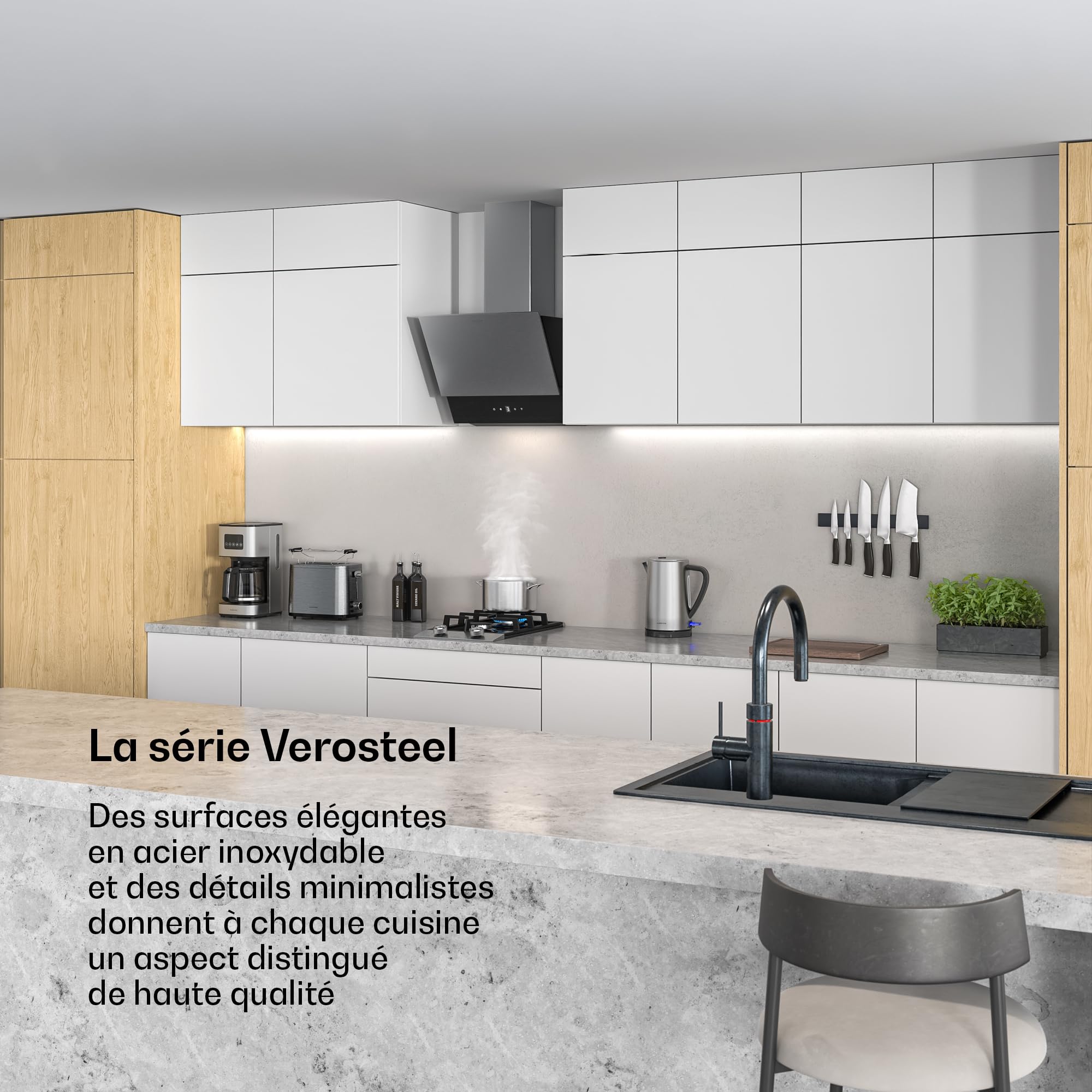 Klarstein Verosteel Hotte Aspirante 45 cm - Hotte Décorative, 624 m³/h, A++, Commandes Tactiles, LED, Filtre Charbon, Inox & Verre Noir, Silencieuse, Cuisine Moderne